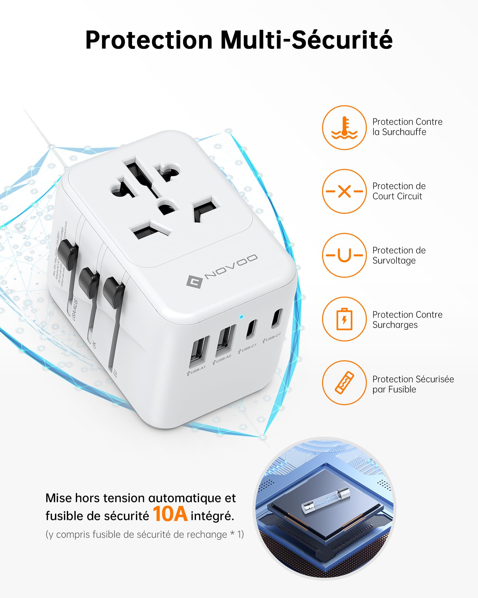 NOVOO Adaptateur de Voyage Universel Adaptateur Prise Universelle PD 21W avec 2 USB et 2 Type C Adaptateur Universel France vers USA UK Allemagne Australie Chine Japon