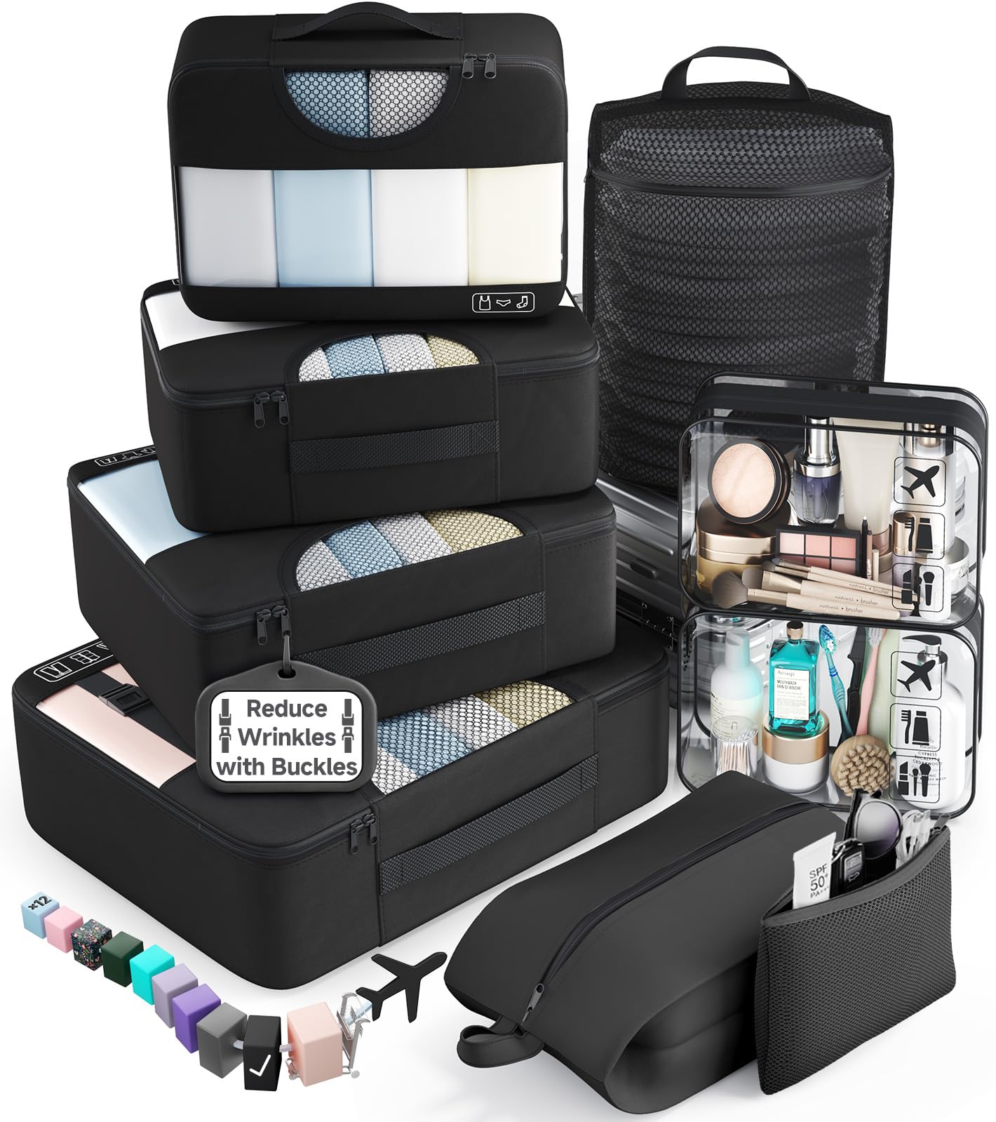 8 Set Packing Cubes Travel Essentials Suitcase Organizer Carry On Luggage Black