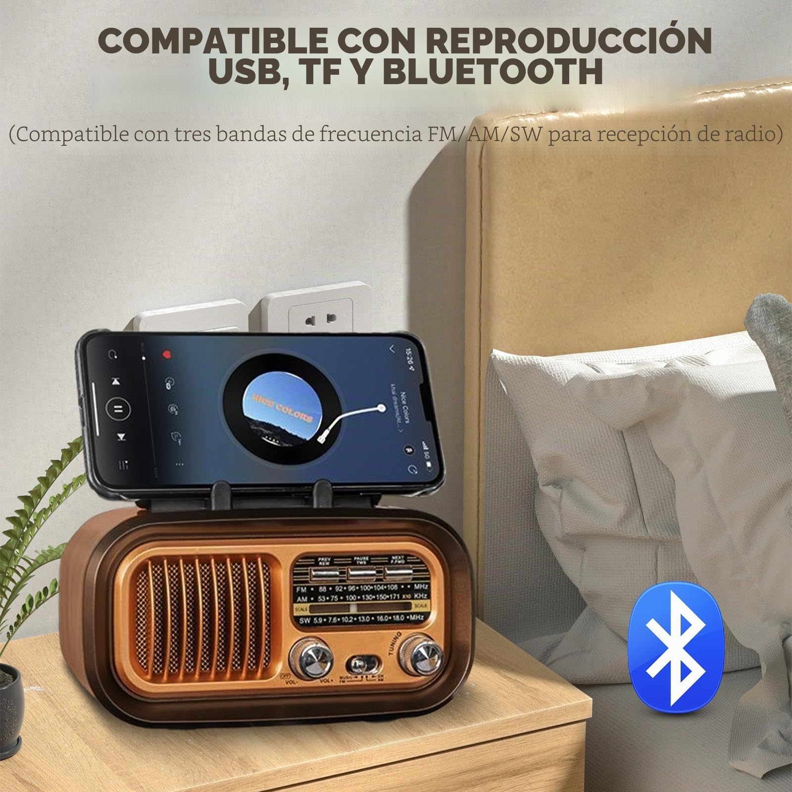 Radio retro con Bluetooth, AM/FM/SW Retro Radio Pequeño Solar Altavoz Bluetooth portátil con batería de 1200 mAh, compatible con USB/TF, radios vintage para el hogar, la oficina, el exterior