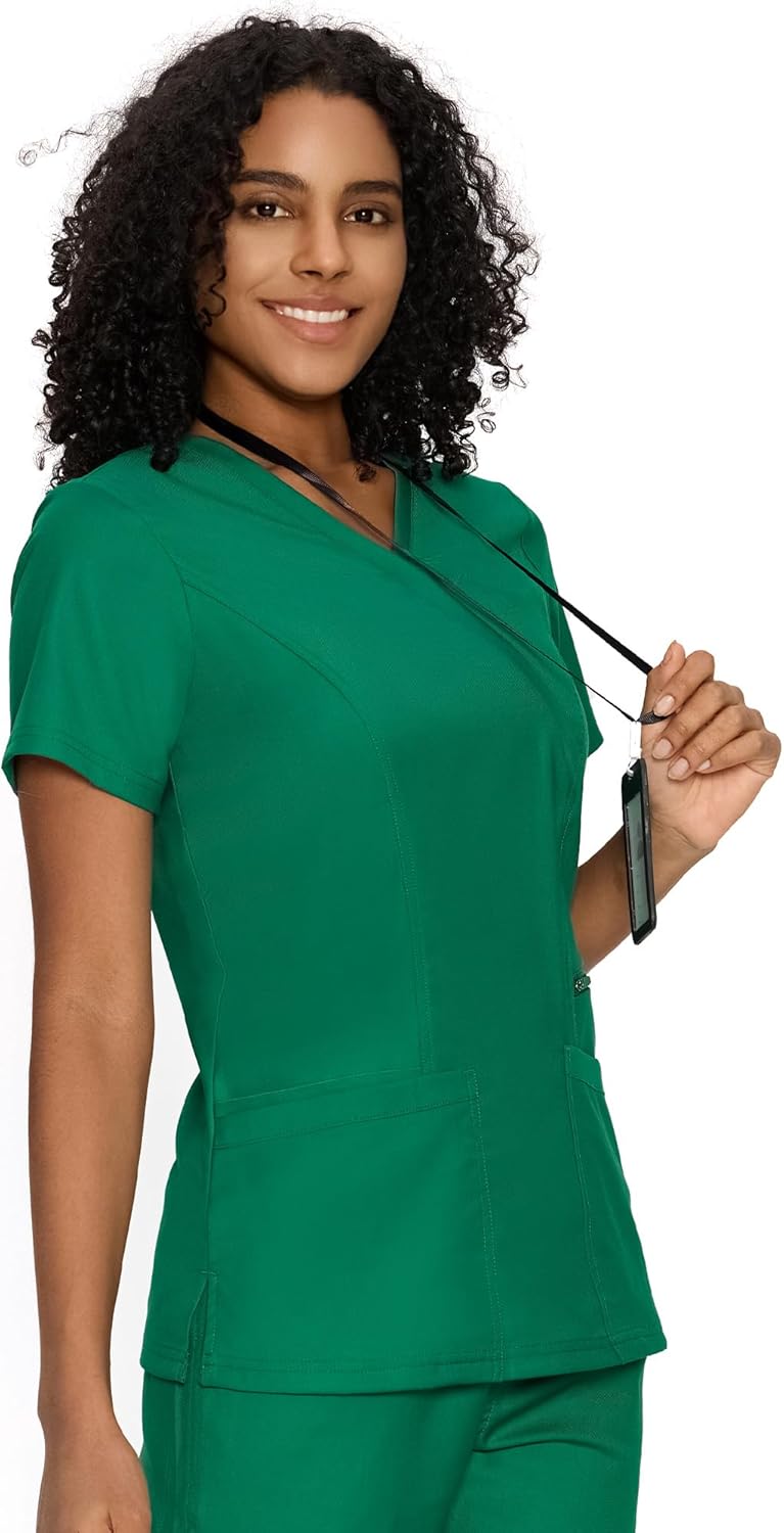 COZYFIT Scrub Tops for Woman - Back Princess Seams, Mock Wrap Top with 3 Pockets - Image 2