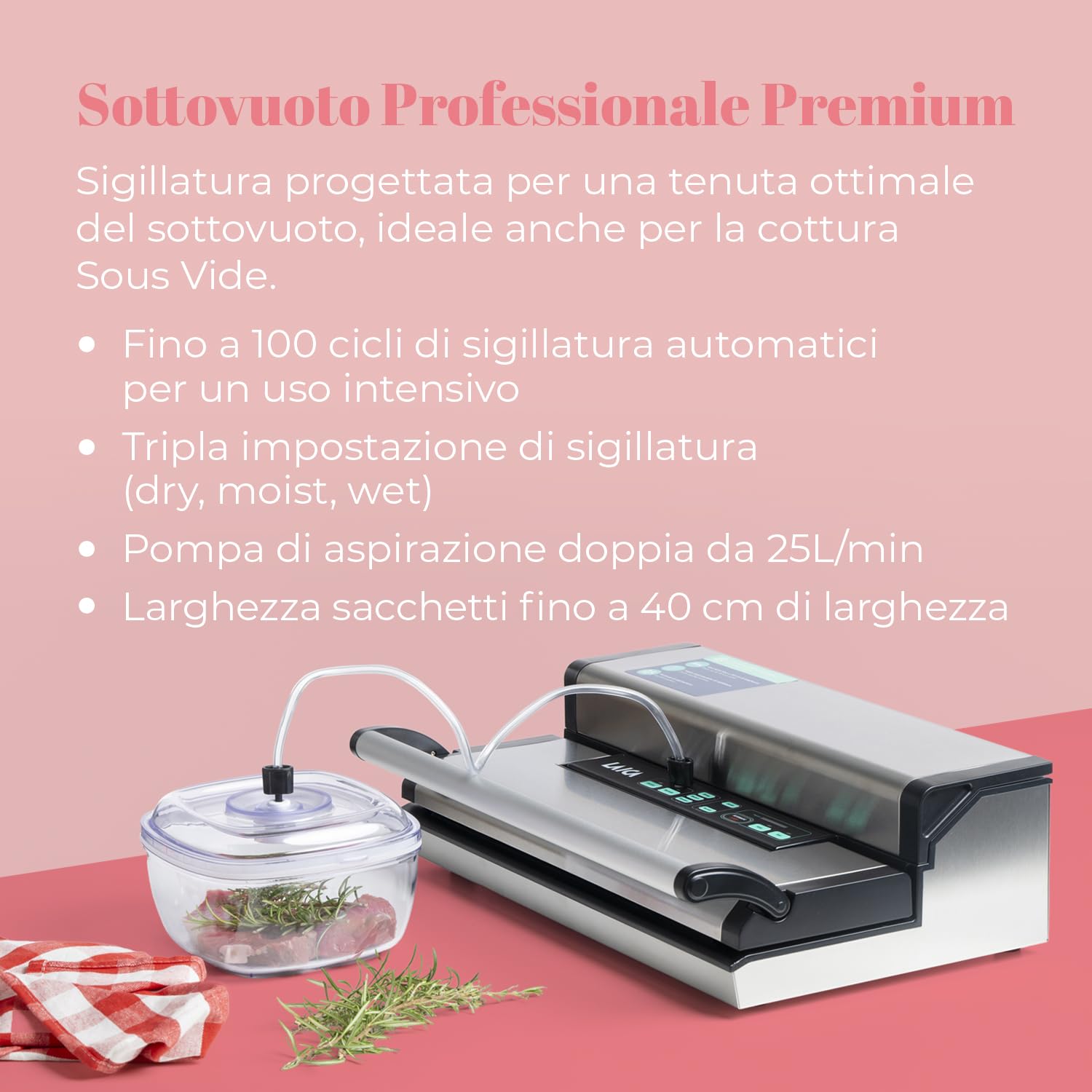 LAICA VT3250 Macchina Sottovuoto Professionale - 1 Rotolo da 40cm Incluso | 100 cicli automatici consecutivi, aspirazione regolabile 25 l/min, tripla sigillatura, larghezza MAX sacchetti 40 cm