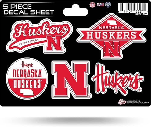 Rico Industries NCAA Nebraska Cornhuskers - Hojas de calcomanías de 5 unidades, paquete de 5 hojas de calcomanías de 6 x 0.25 pulgadas