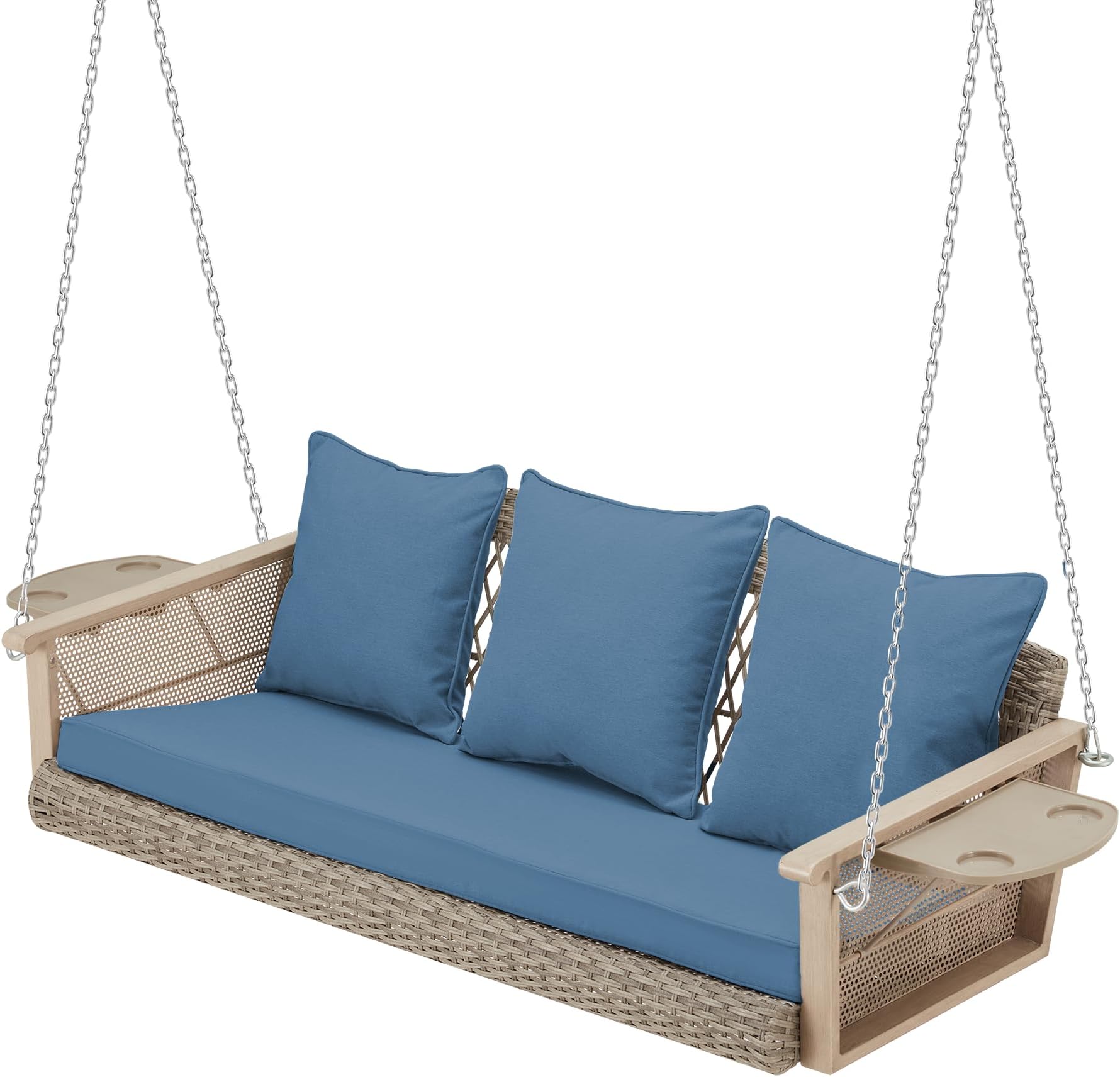 HOMREST 3-Person Wicker Porch Swing with Upgraded Cup Holder, 56 Inch Patio Hanging Swing Bench Chair with Cushions, Outdoor Swing 900lbs Capacity Chains for Deck Garden Backyard (Blue)