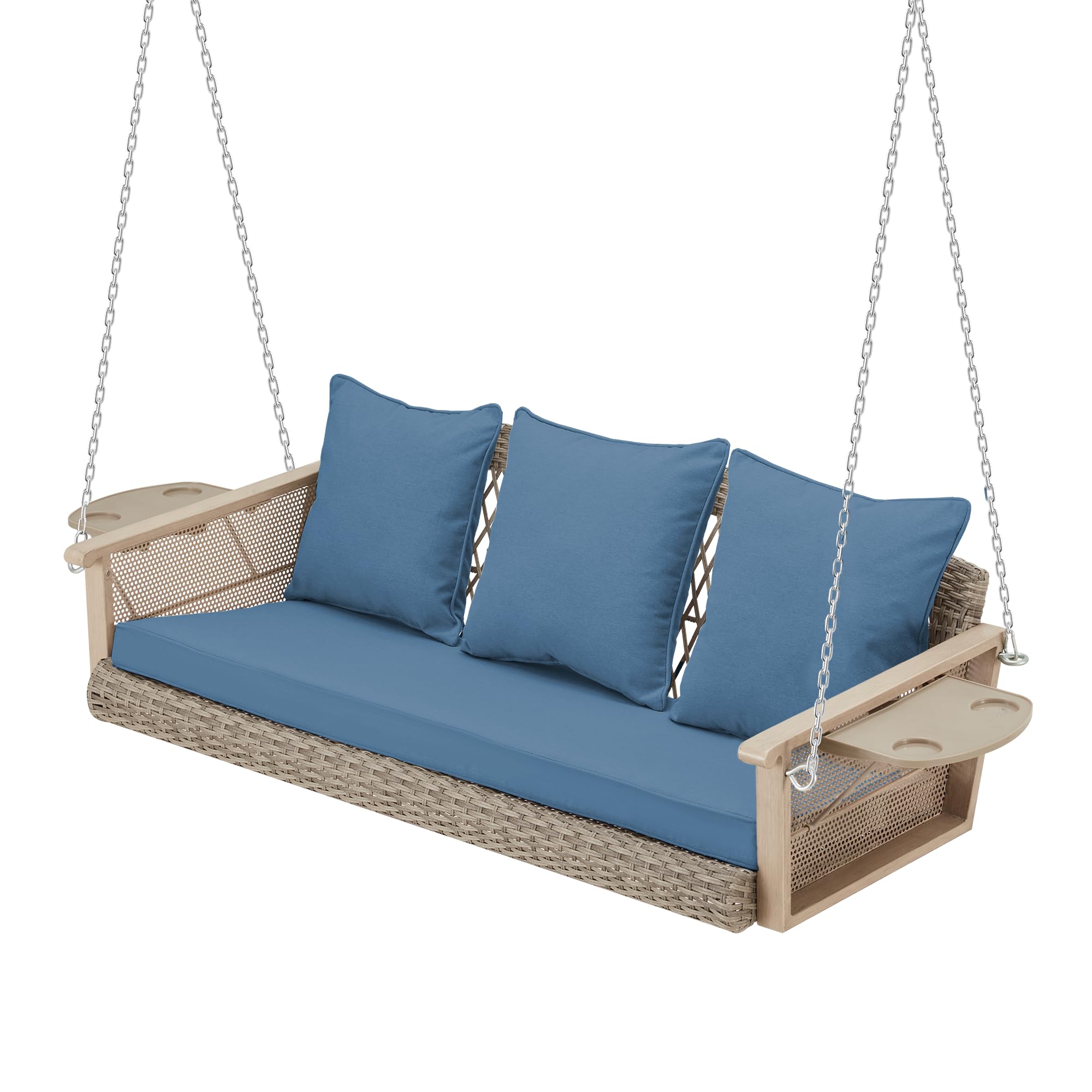 HOMREST 3-Person Wicker Porch Swing with Upgraded Cup Holder, 55 Inch Patio Hanging Swing Bench Chair with Cushions 900lbs Capacity Chains for Deck Garden Backyard (Blue)