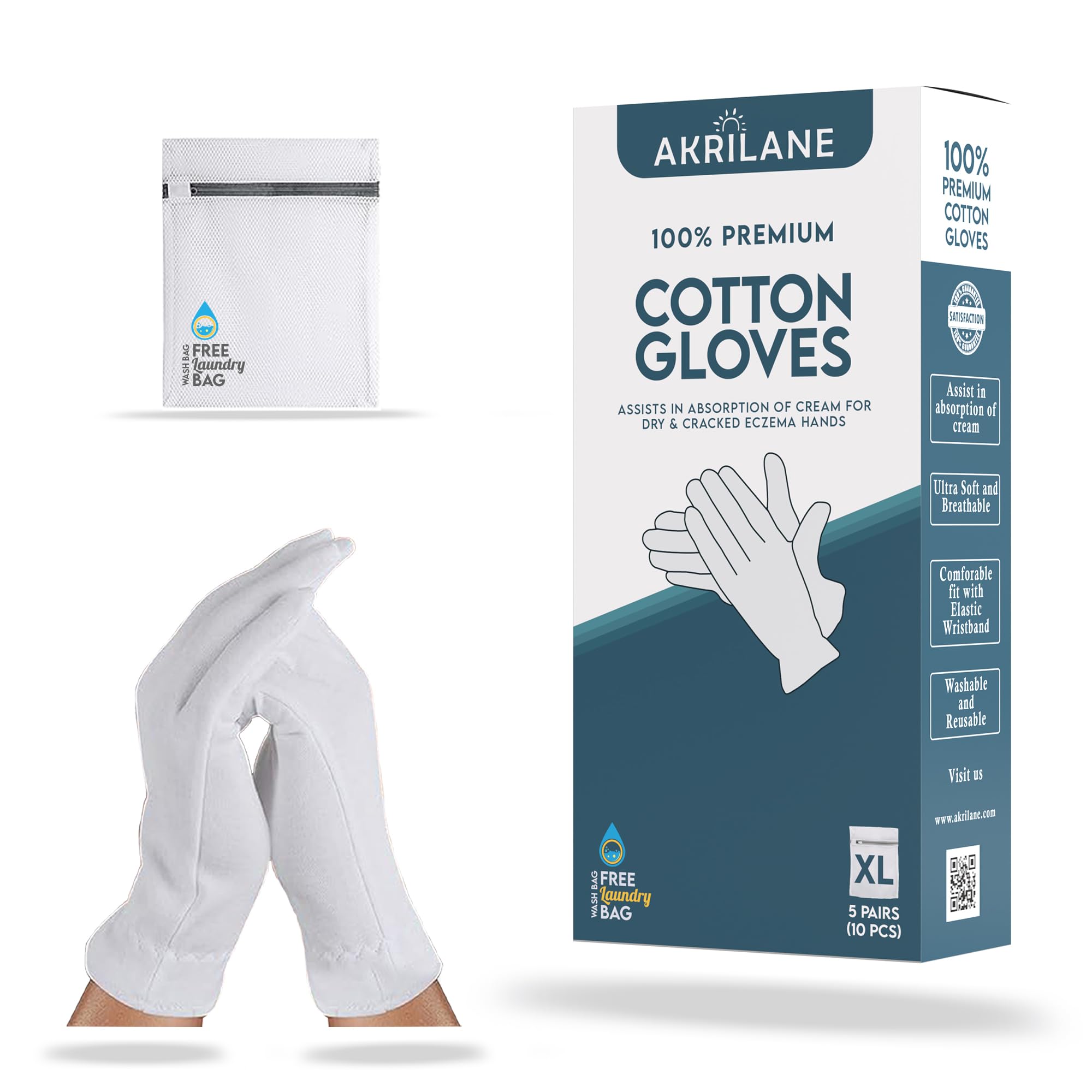 AKRILANE Extra Large Cotton Gloves For Dry Hands, Moisturizing Gloves Overnight, Eczema Treatment, Skin Spa Therapy, Cosmetic Jewelry Inspection (5 Pairs)