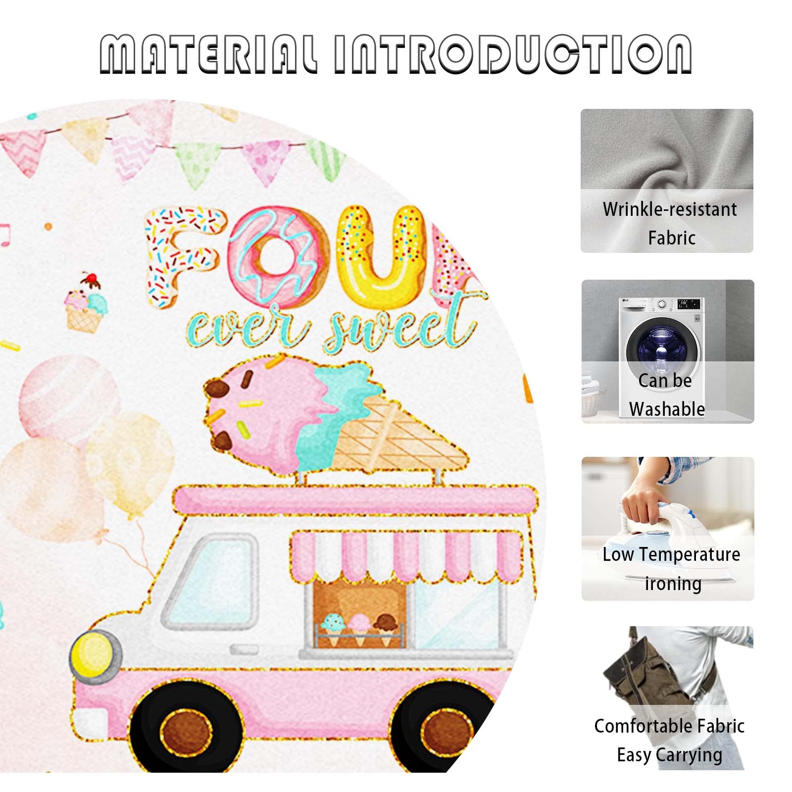 7x5ft Ice Cream Themed 4th Birthday Backdrop - Watercolor Princess Photography Background