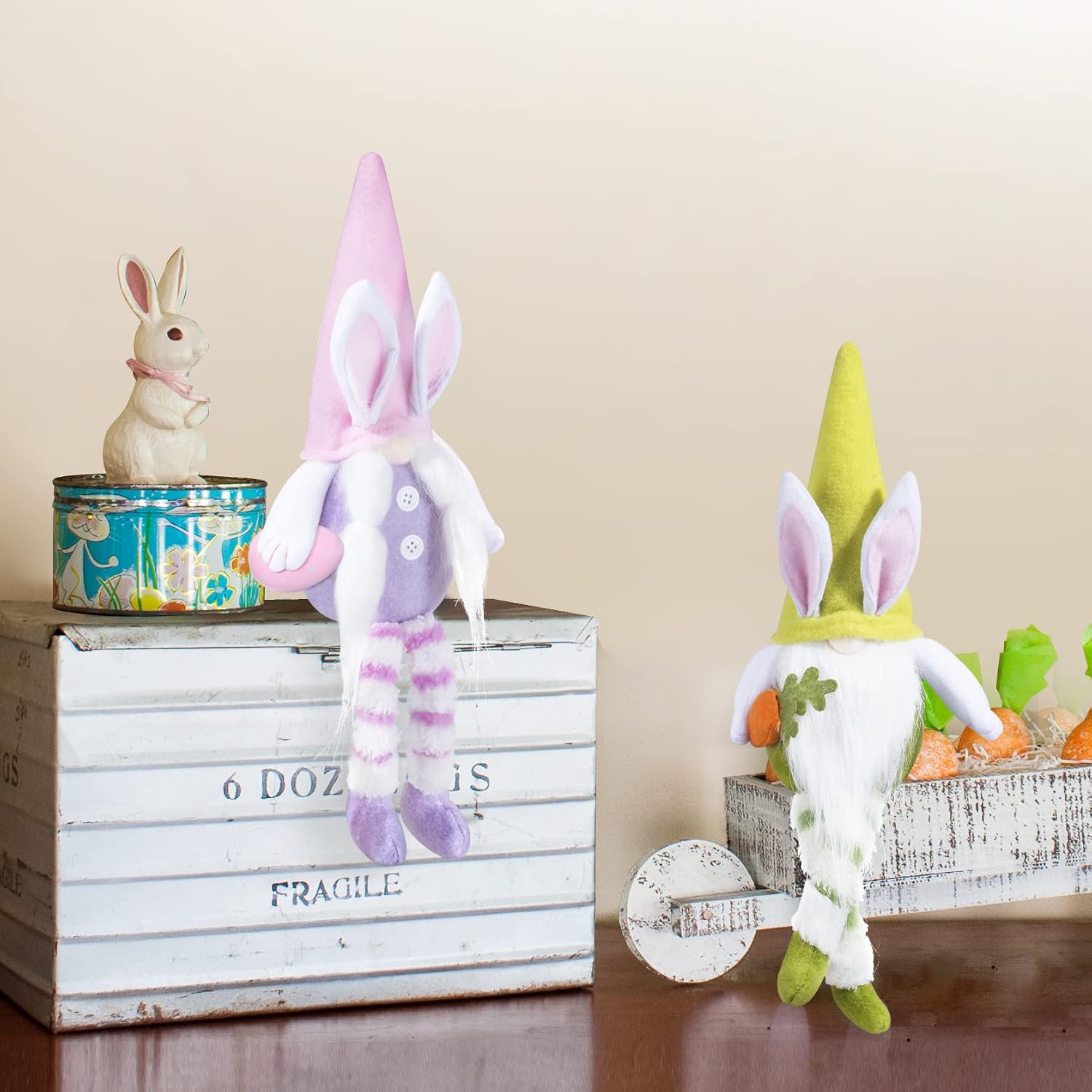 2PCS Easter Gnomes Plush Bunny Decorations Mr and Mrs Swedish Long Legs Sitting Gnome Carrying an Egg and a Carrot Easter Home Table Decorations