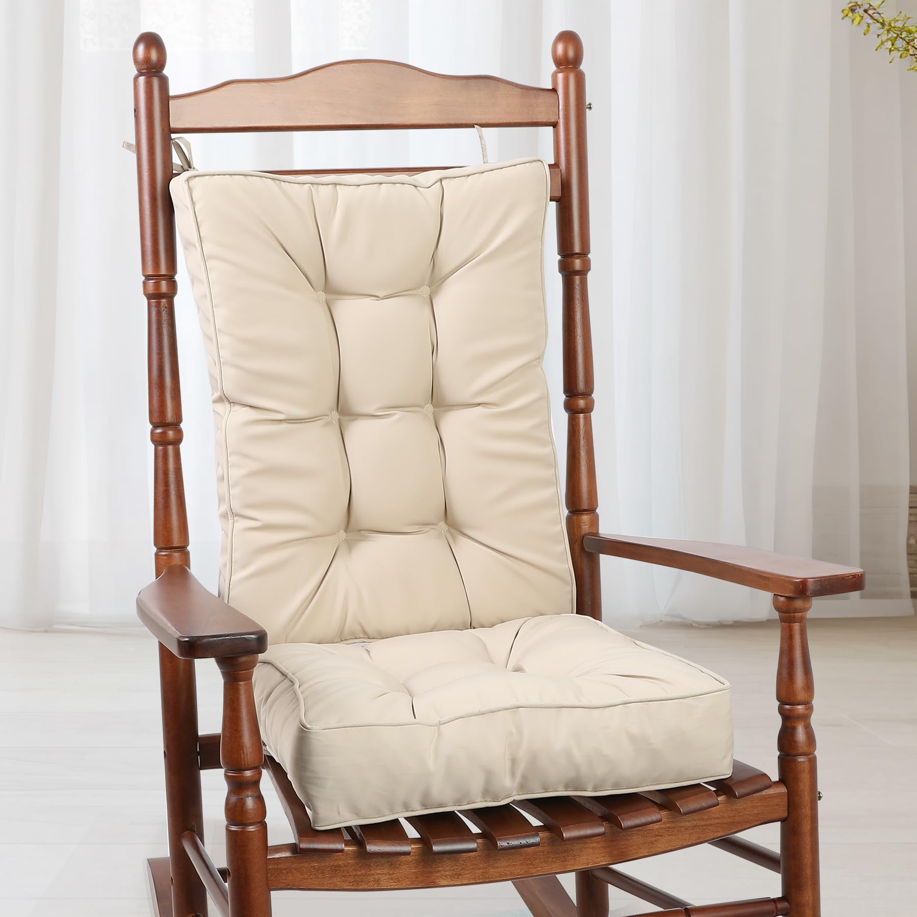 RACE LEAF Rocking Chair Cushion High Back, Non-Slip Patio Chair Cushions Set of Seat & Back Cushion with Ties for Indoor/Outdoor Rocker, Rocking Chair Pads with Memory Foam, Beige-image-25