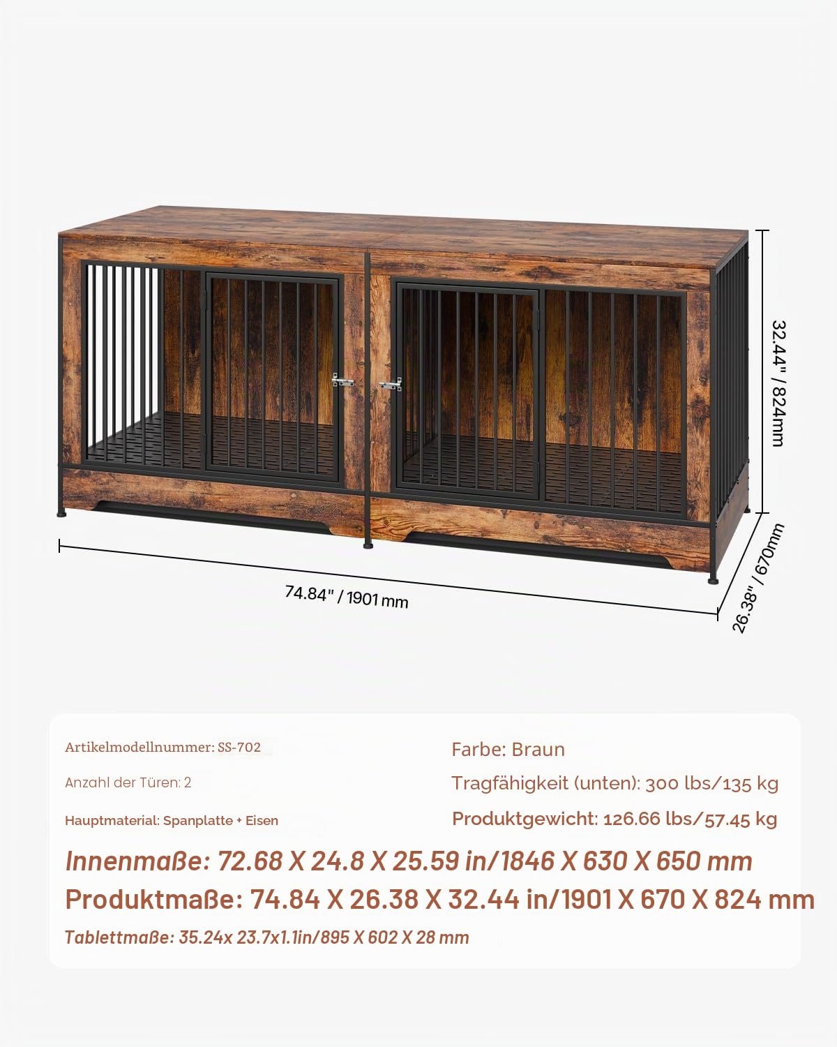 VEVOR Hundekäfig Möbel für 2 Hunde, 1901 x 670 x 824 mm Doppel-Hundebox für große Hunderassen mit Trennwand & Doppeltüren, Hundehaus aus Holz, Beistelltisch für mittelgroße und große Hunde, Braun