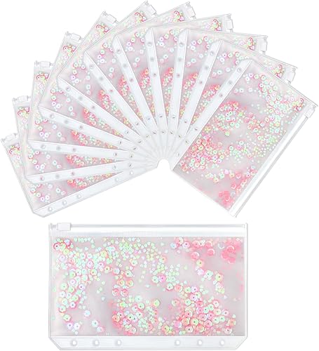 NEWEST 12 piezas A6 con 6 agujeros para carpeta de PVC suave, bolsas sueltas de hojas sueltas, decoración de lentejuelas, sobres de presupuesto para
