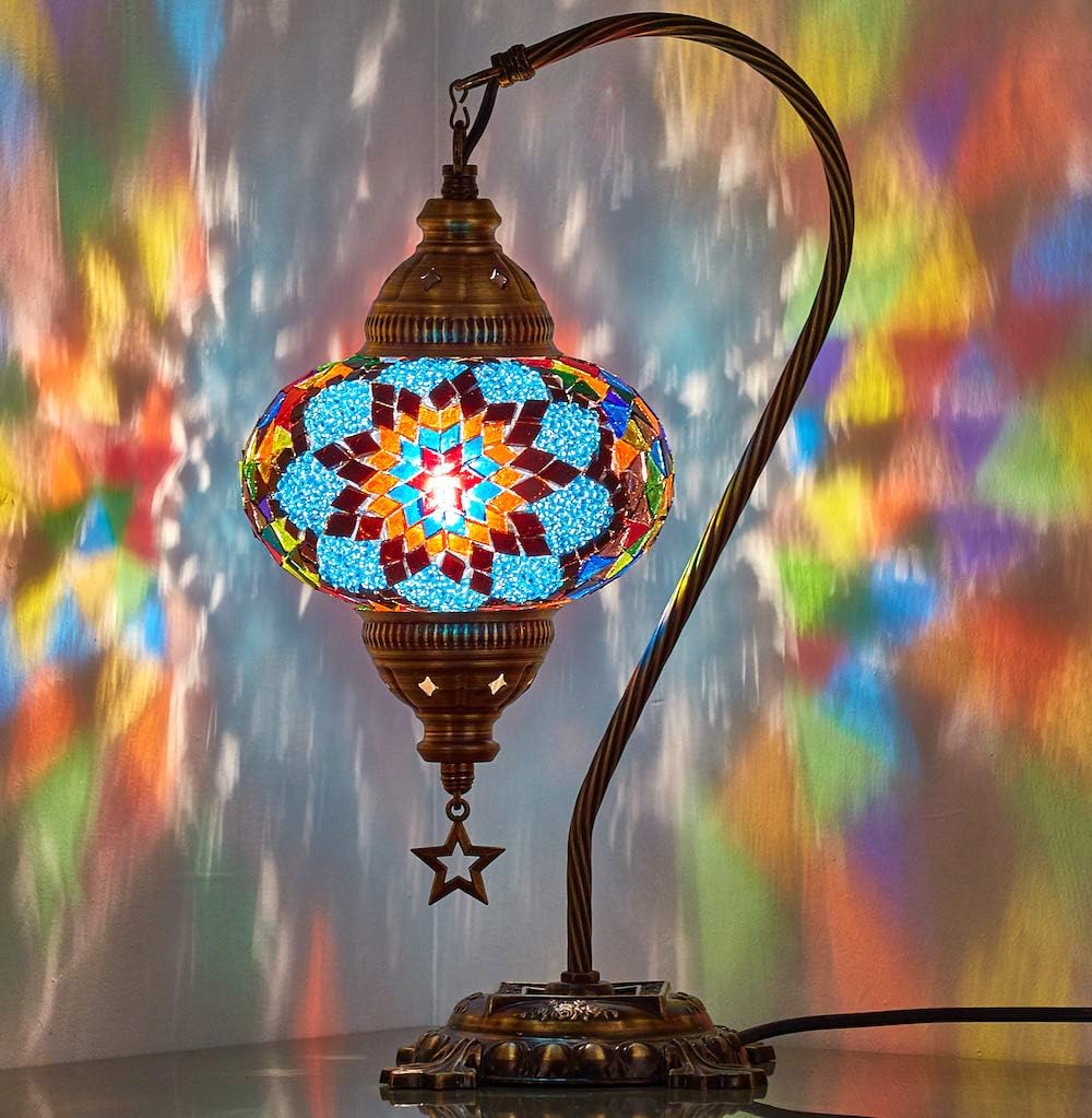 DEMMEX Lámpara de mesa de mosaico marroquí turca, lámpara de mesita de noche, pantalla de lámpara (azul-multicolor)