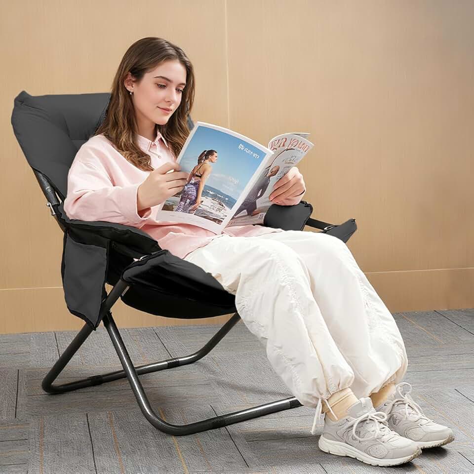 Poltrona Dobrável Reclinável 3 Posições - Caderia dobrável com braços de lazer estofada confortável portátil, com bolsa lateral e estrutura de metal resistente para sala de estar e varanda (Cor Preto)