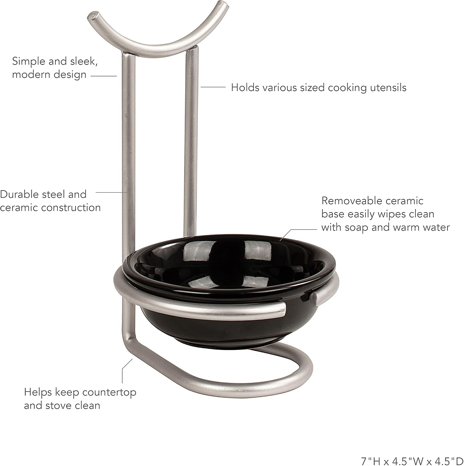 Spectrum Diversified Euro Standing Spoon Rest with Ceramic Dish Upright Utensil Holder for Stovetop & Kitchen Counter Organization, Modern Vertical Design, 1, Satin Nickel/Black