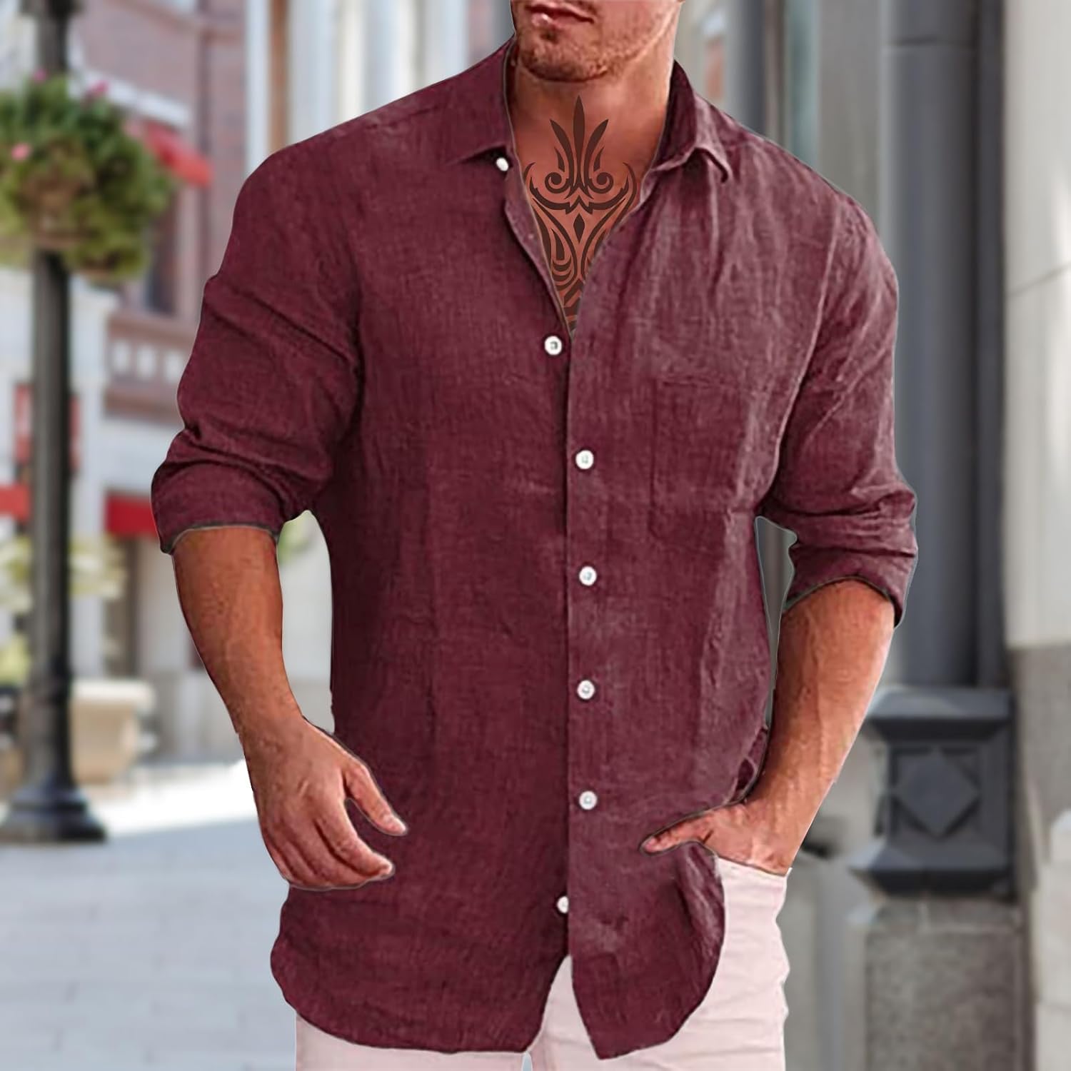 Casual Shirts for Men Plain Relaxed Button Down Streetwear Stretch Long Sleeve V Neck Comfortable Shirt - Image 2