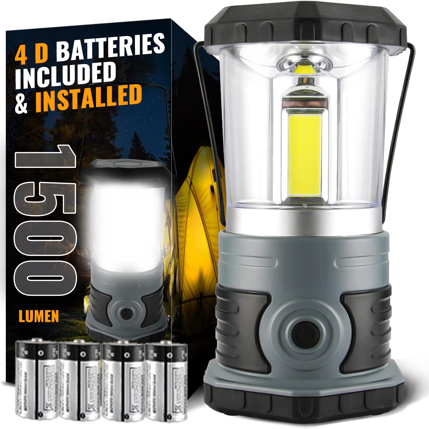 LED Camping Lantern, 1500 LM Lanterns for Power Outages with 4 D Batteries Included, Battery Powered Lantern Flashlight with 4 Light Modes, Weatherproof Tent Light for Storms and Hurricanes