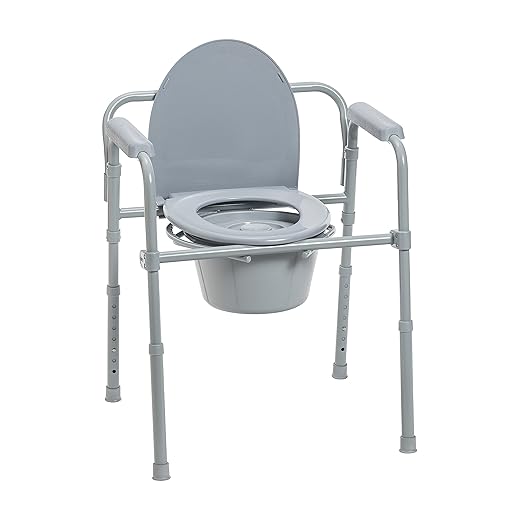 Drive Medical 11148-1 Folding Steel Bedside Commode Chair, Portable Toilet, Supports Individuals Weighing Up To 350 Lbs, with 7.5 Qt. Bucket and 13.5 Inch Seat, Grey