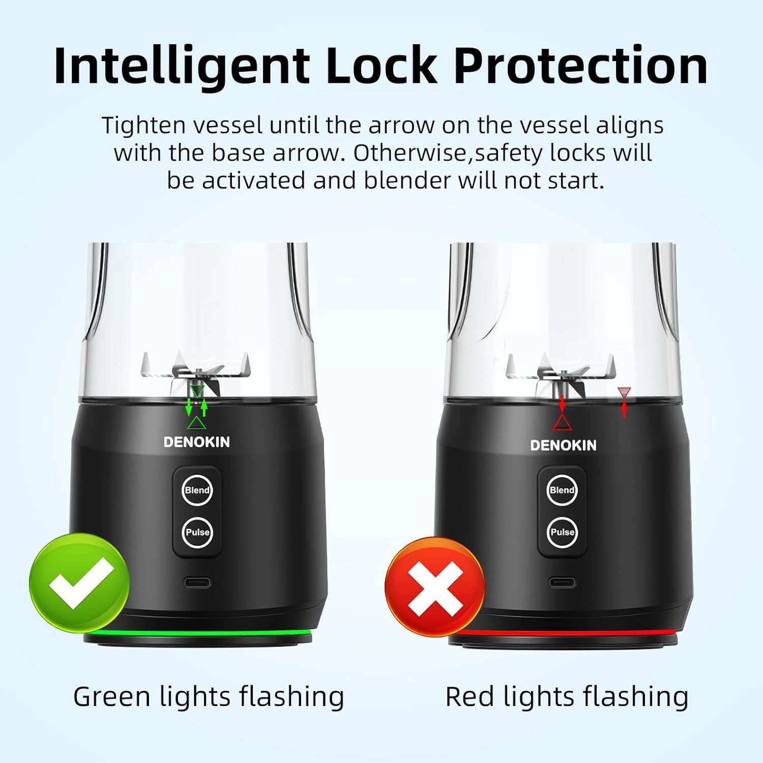 DENOKIN Portable Blender Cordless, 20oz Vessel Personal Blender for Shakes & Smoothies with On Go Lid & Sip Lid, Small Mixer for Kitchen, Home, Travel