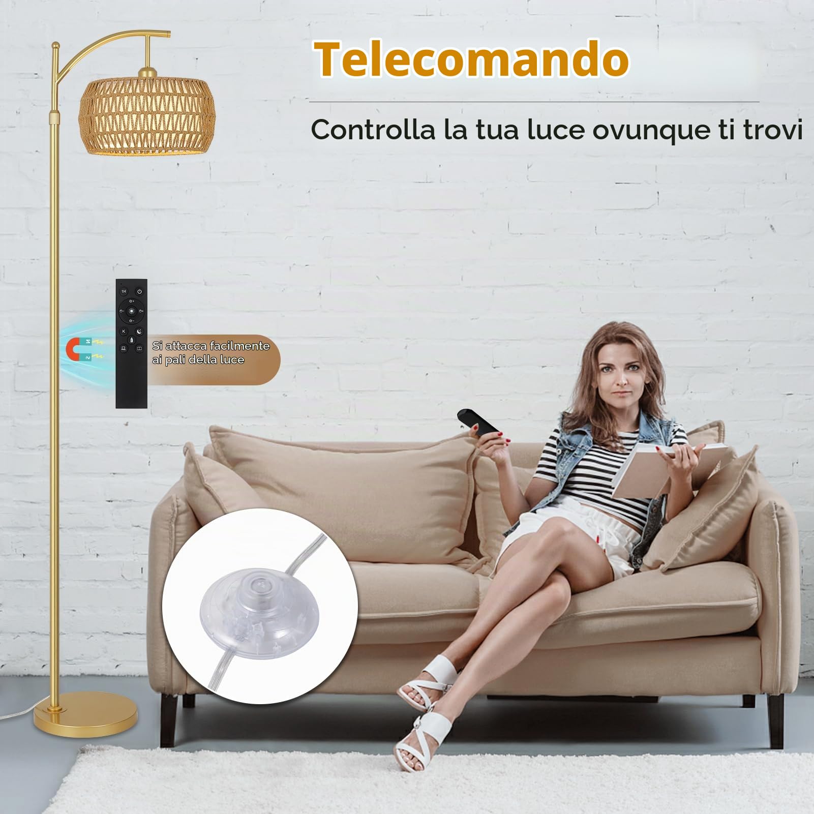 Rayofly Lampada da Terra Dorata da Soggiorno, Lampada da Terra in Rattan Dimmerabile con Telecomando, App di Controllo, Lampada da Pavimento Boho con Paralume in Rattan per Camera da Letto, Ufficio