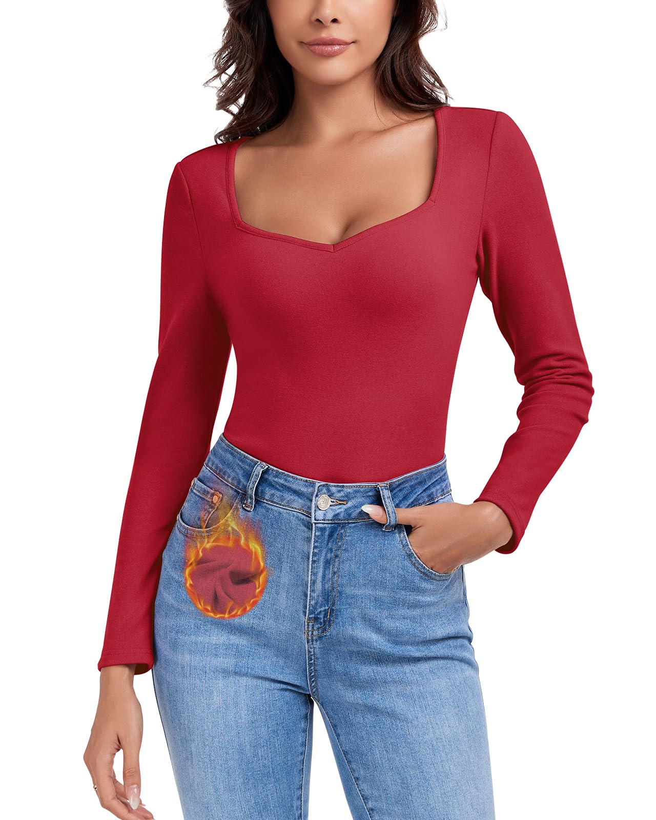 WOWENY Maglia Termica da Donna in Pile, a Maniche Lunghe con Scollo a Sweetheart, Elegante Camicia Termica a Maniche Lunghe a 3/4, Calda, Comoda, per l'inverno