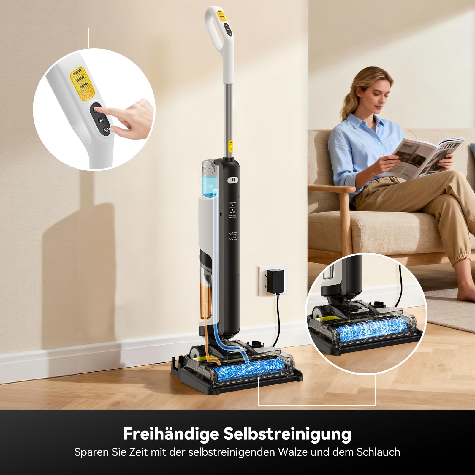 W12SE Wischsauger, Intelligenter kabelloser Wischsauger, Anti-Haarverwicklung, Elektrolytische Desinfektion, 1,15L Doppelbehälter