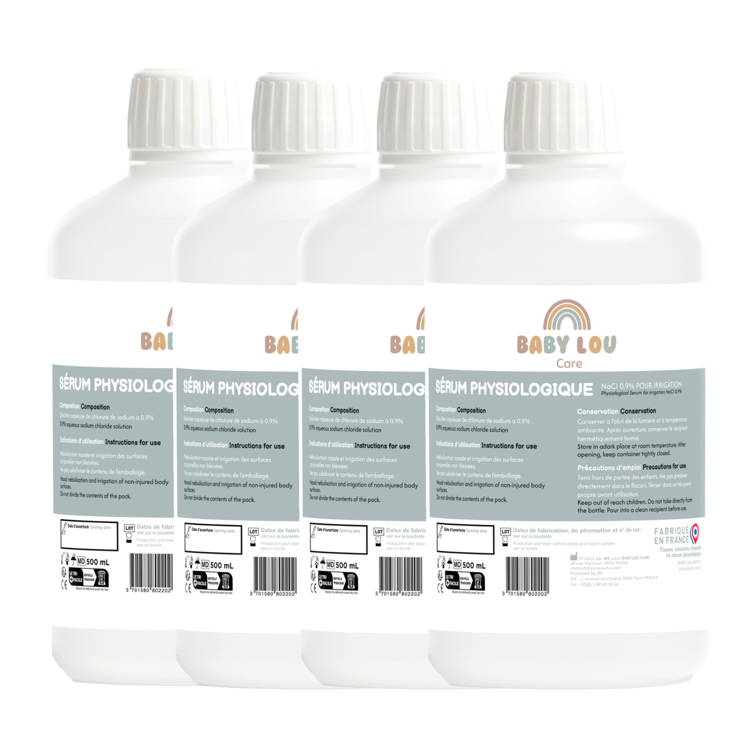 Siero fisiologico in bottiglia 4x500ml | NaCl 0,9% | Prodotto in Francia | Lavaggio delle fosse nasali | Igiene del naso | Per irrigazione esterna