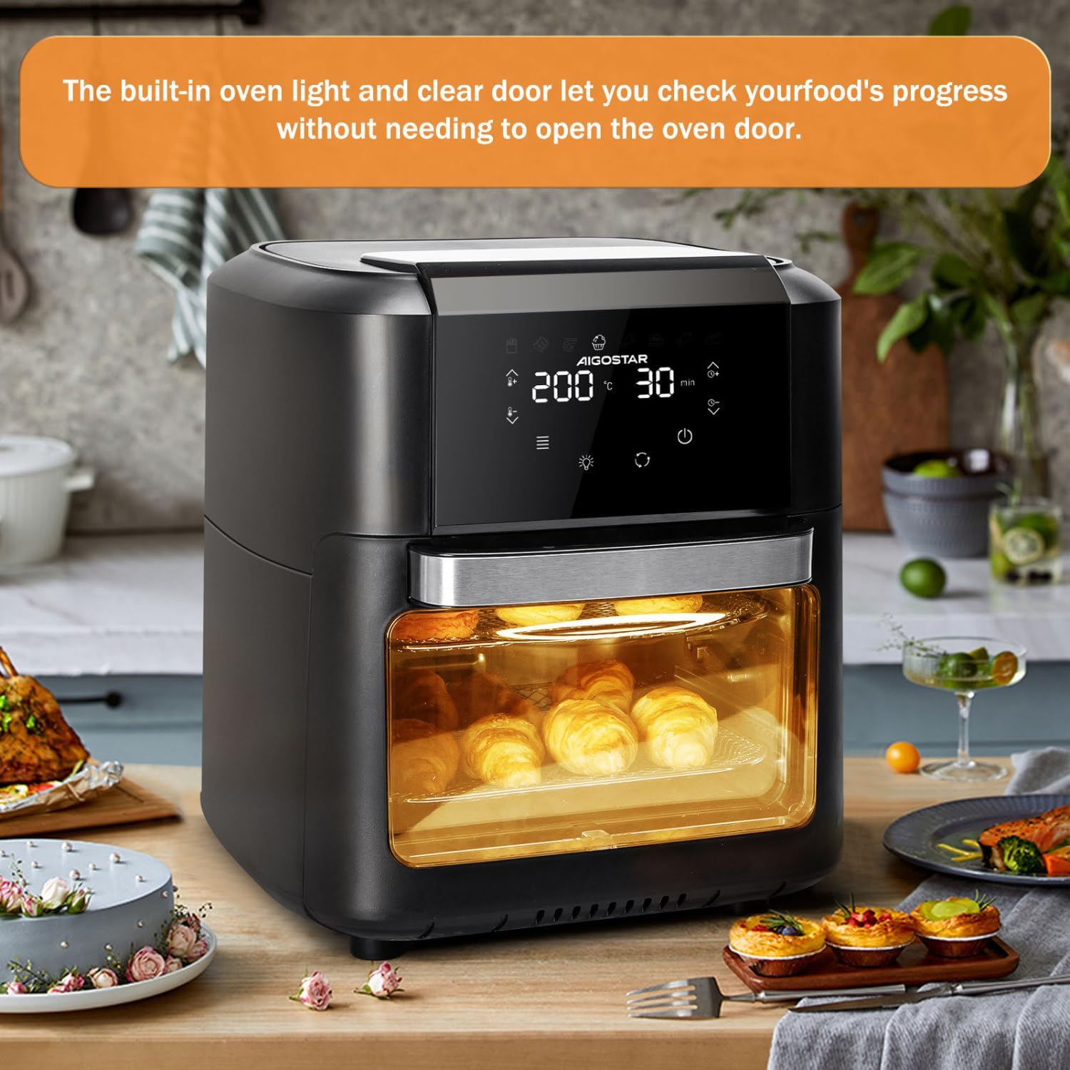 Aigostar Owen - Forno ad aria multifunzione, Friggitrice ad aria da 12 litri, 1700 W, Touch screen LED, 8 modalità preimpostate, include 7 accessori, sistema rotante, BPA FREE Aigostar Owen - Forno ad aria multifunzione, Friggitrice ad aria da 12 litri, 1700 W, Touch screen LED, 8 modalità preimpostate, include 7 accessori, sistema rotante, BPA FREE