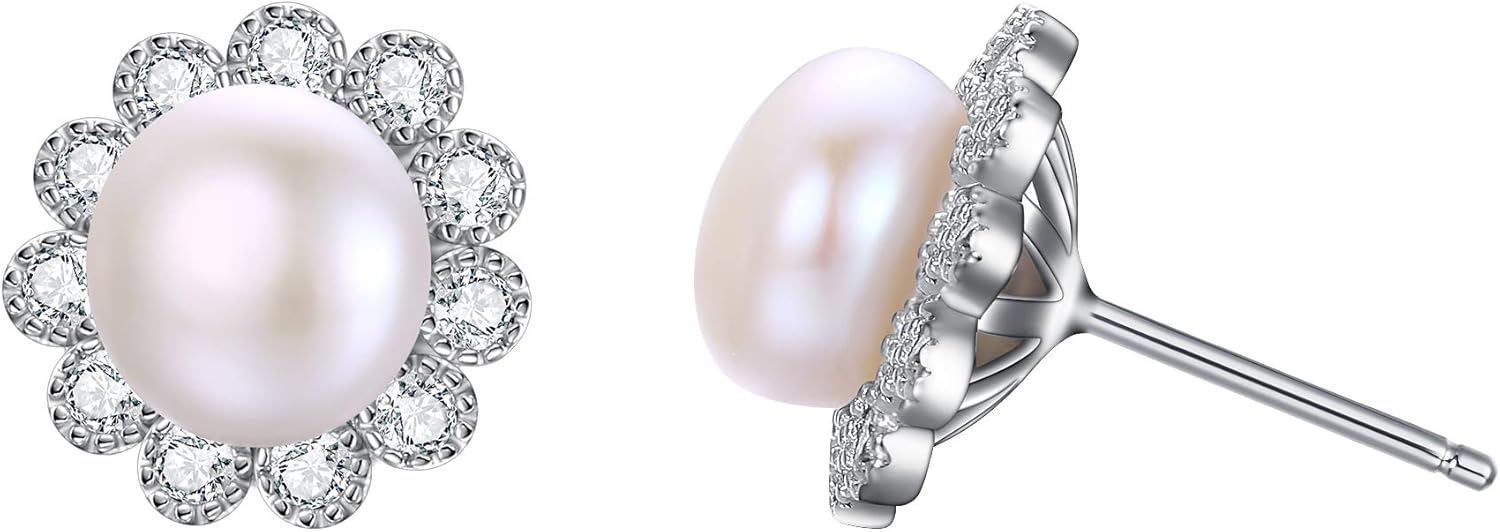 EVER FAITH 925 Sterling Silver 8MM AAA Freshwater Cultured Pearl CZ Elegant Sunflower Stud Earrings