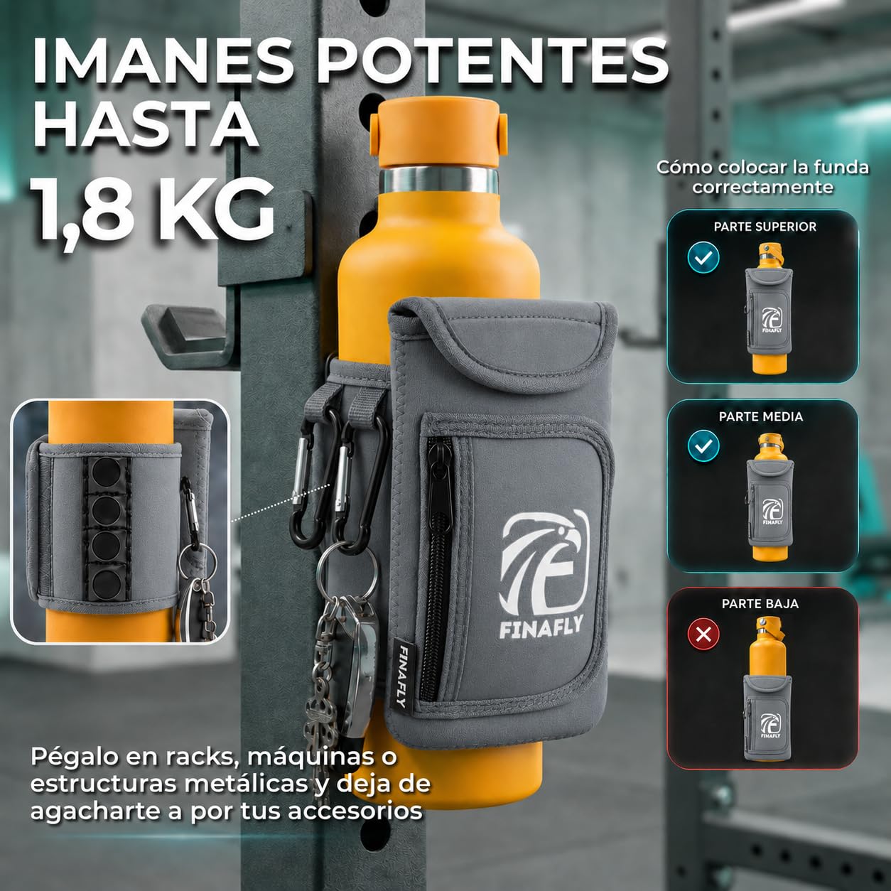 Bolsa Magnética Gym Gris – Organizador Magnético para Botella, Móvil, Llaves y Auriculares – Mochila Imantada Gimnasio con Imán Reforzado y Caja Regalo para Hombre y Mujer