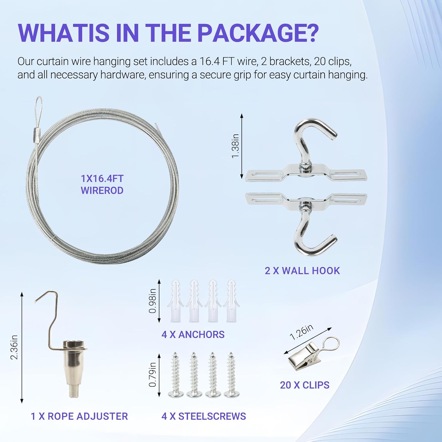 Wall Mount Curtain Wire Rod Set 16.5ft with 20 Clips – Stainless Steel Hanging Wire for Curtains, Photos, Notes, Artwork, and String Lights