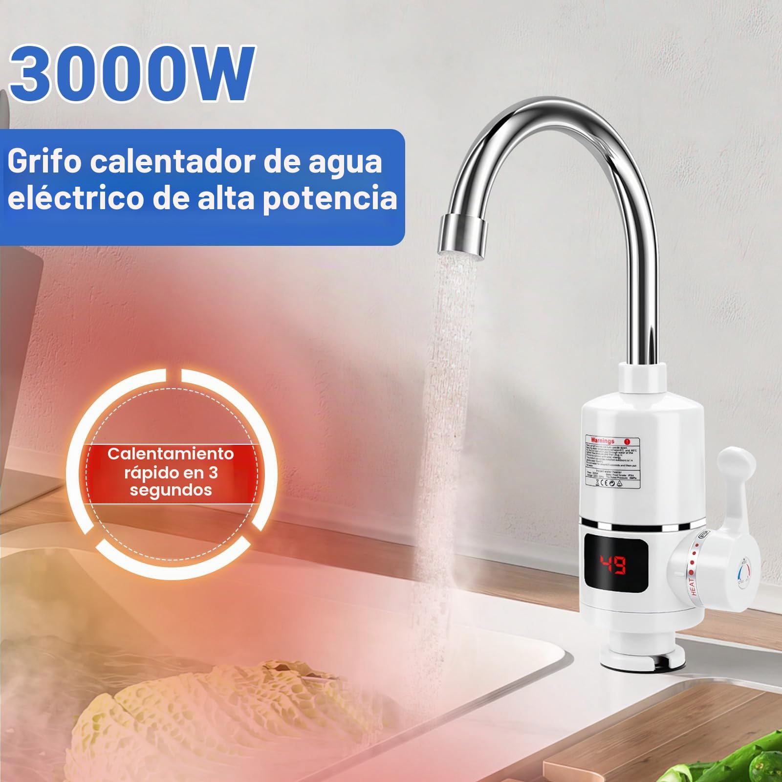 Grifo eléctrico con calentador de agua, 220 V, 3000 W, grifo de agua caliente, grifo de cocina para cocina, jardín, baño, caravana, camping