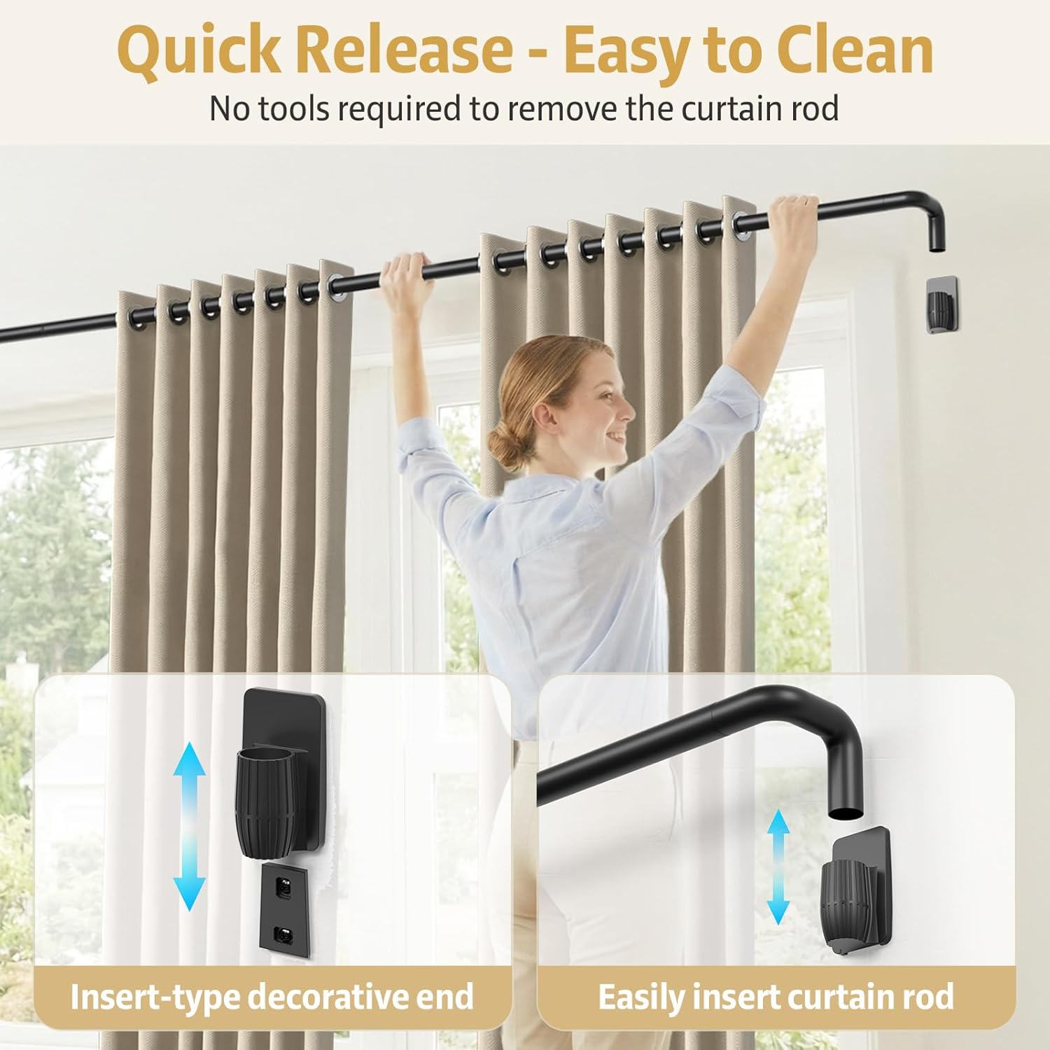 Blackout Curtain Rods - Quick-Release 1" Curtain Rod Black 48 to 94 inches Adjustable, Heavy Duty Matte Black, Wrap Around Room Darkening for Bedroom (Fits Windows 48 to 84 inches) 48-94 in Black