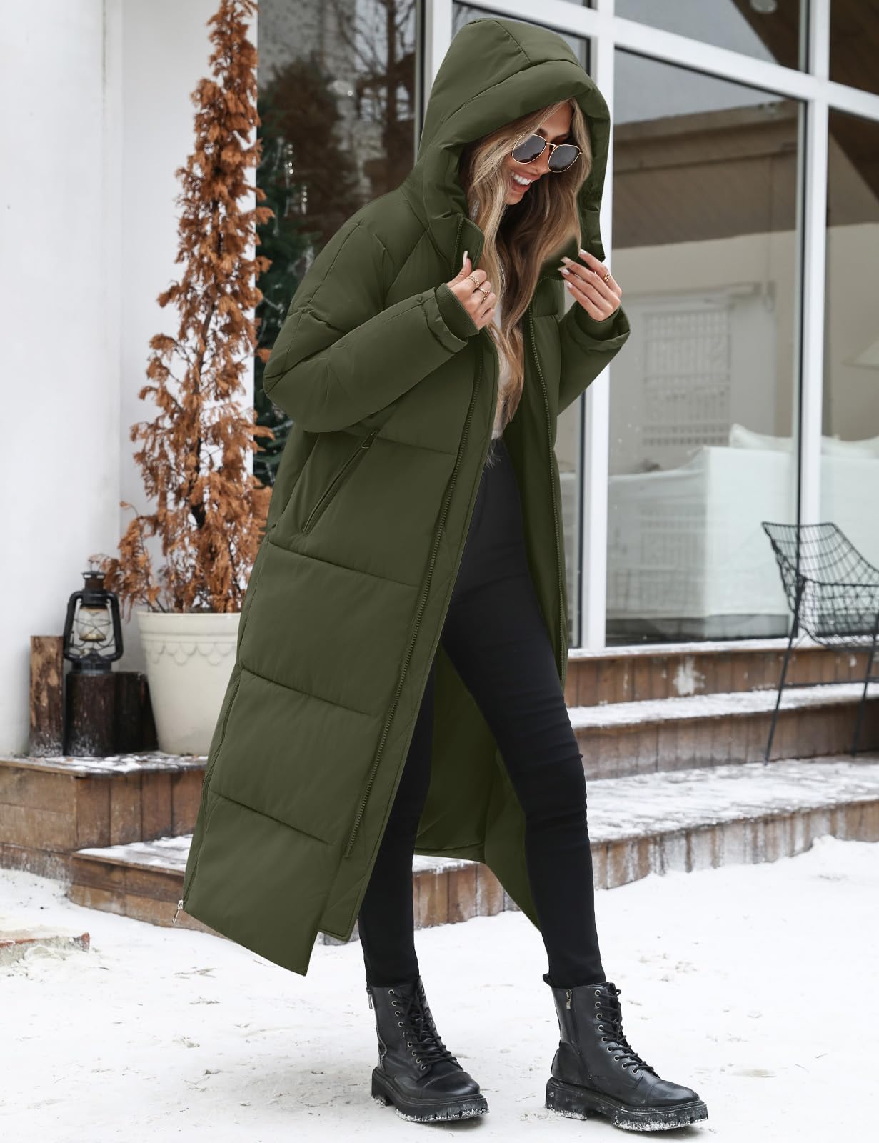 Vancavoo Abrigo Acolchado Mujer Invierno Chaqueta con Capucha | Parka Cálida con Cremallera de Doble Cursor, Aberturas Laterales con Zip y Bolsillos Laterales