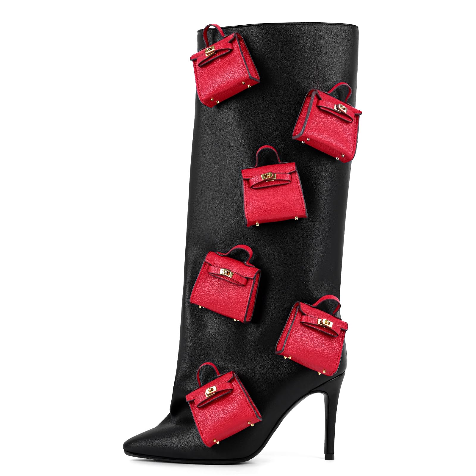 onlymaker Womens Knee-High Fashion Boots Pointed-Toe Stiletto Heel Red Mini Bag Embellished
