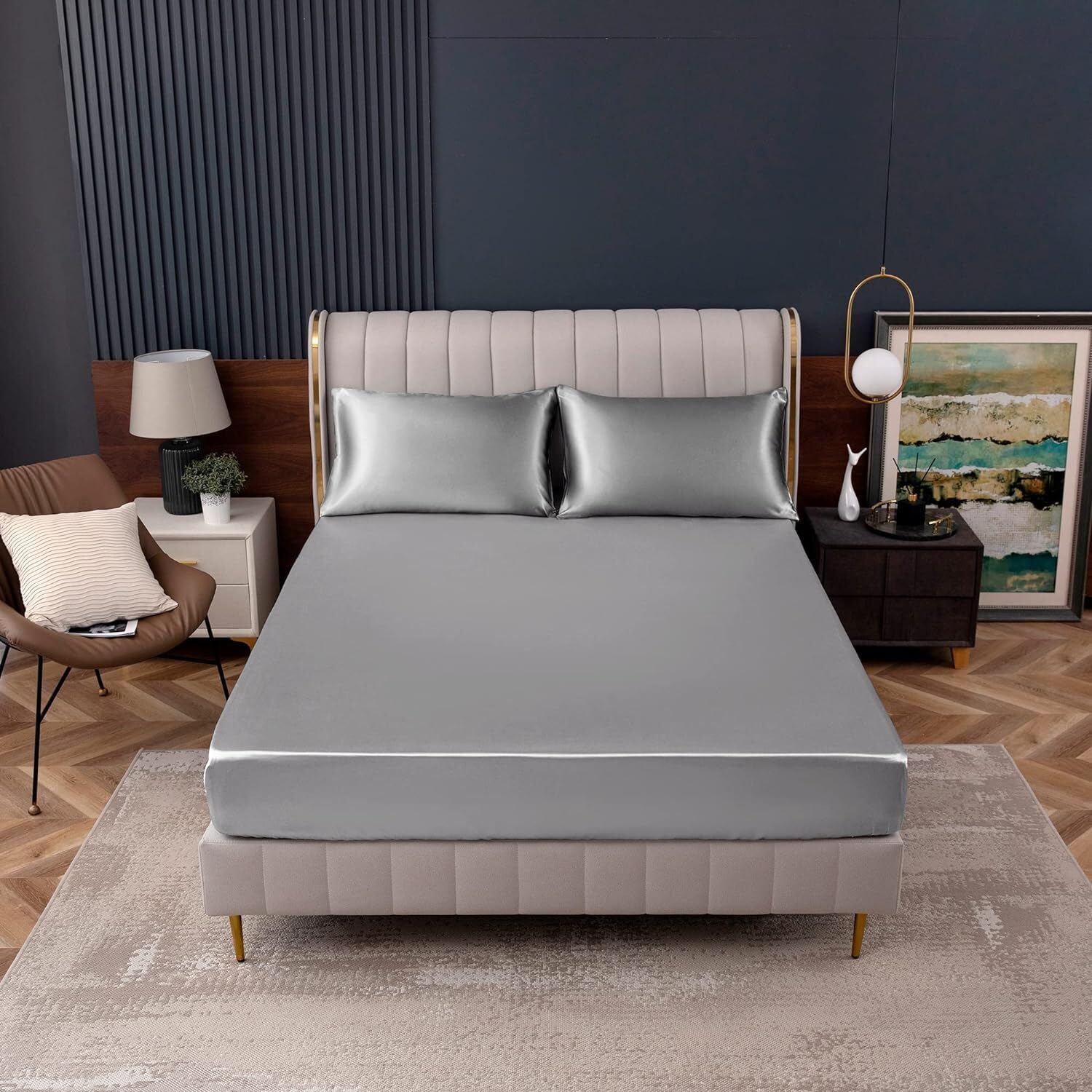 Gezu - Sábana bajera (160 x 200 cm, satén gris, microfibra, transpirable, sedosa brillante, funda de colchón hipoalergénica, sin planchado, dobladillo elástico, sólido, apto para colchones menores de