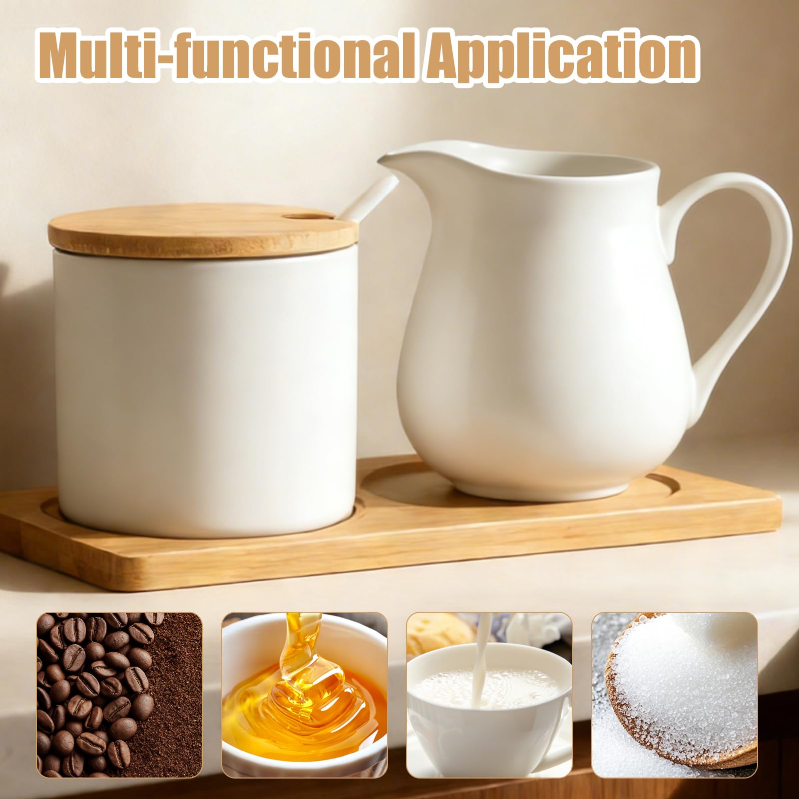 GOMETY Juego de leche y azúcar con tapa y cuchara, jarra de leche de cerámica y azucarero con bandeja de madera, apta para lavavajillas y microondas, para café y capuchino (blanco)