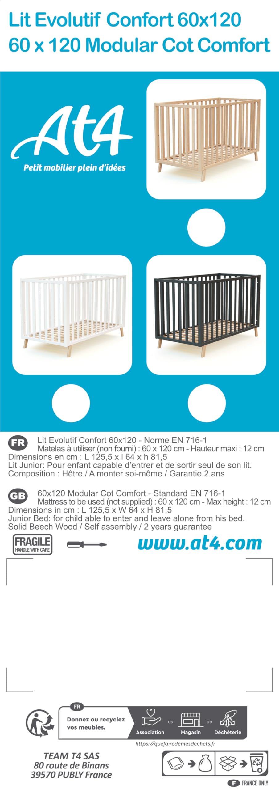 AT4 - Cuna bebé evolutiva CONFORT madera - Blanco - 60 x 120-125,50 x 64 x 81,50 cm