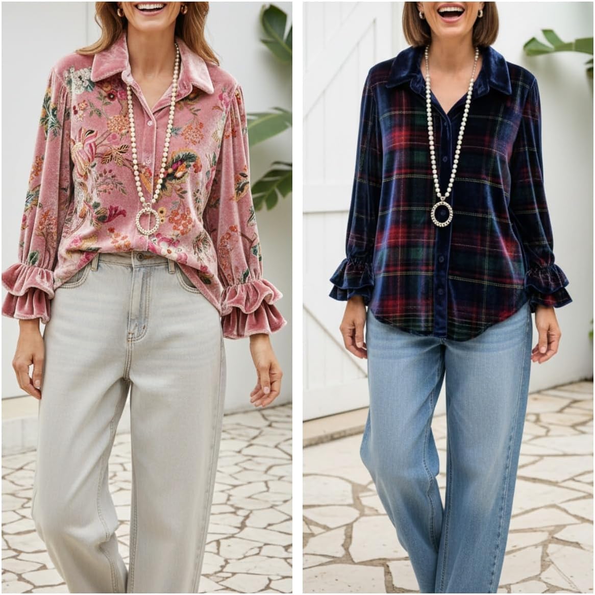 Womens Boho Floral Lapel Collar Graphic Vintage Velvet Shirts Long Sleeve Botton Down Elegant Tops Shirts - Image 3