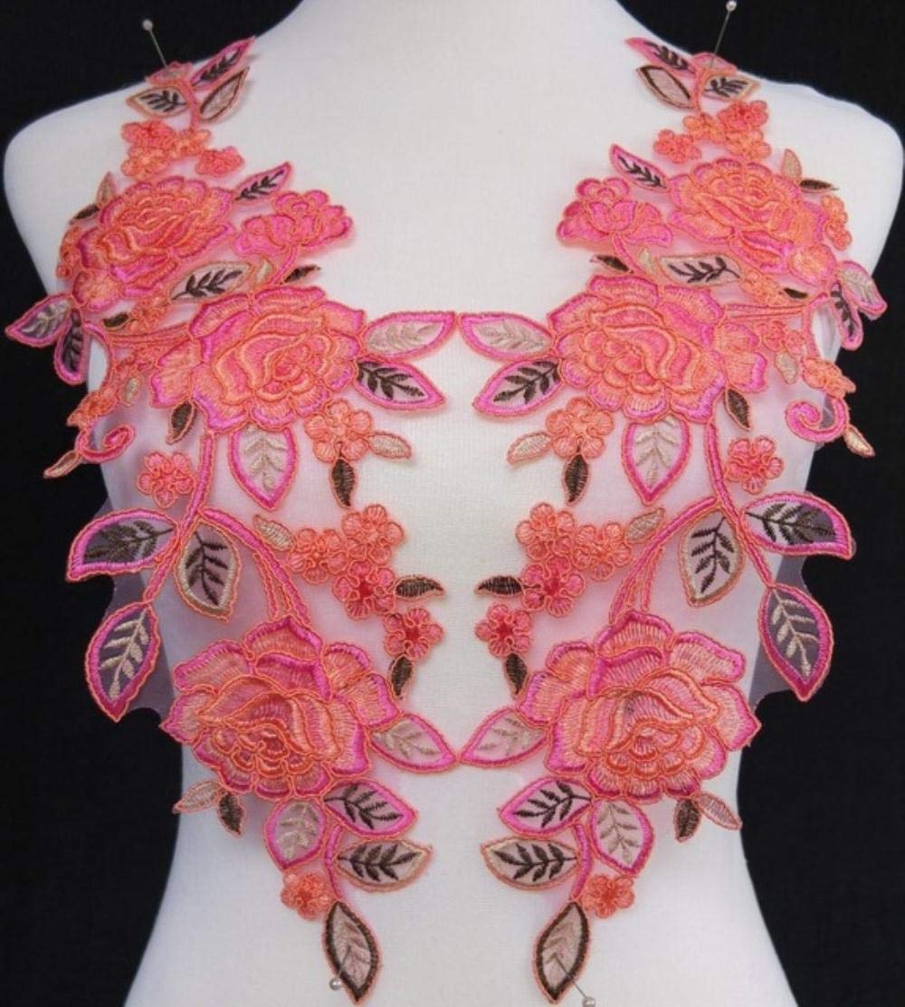 5pairs=10pcs x New 12Color(Pink Silver Gold Orange Purple Red Cream+.) Flower Embroidery Lace Appliques Collars Neckline PBNC114,114E Pink Orange