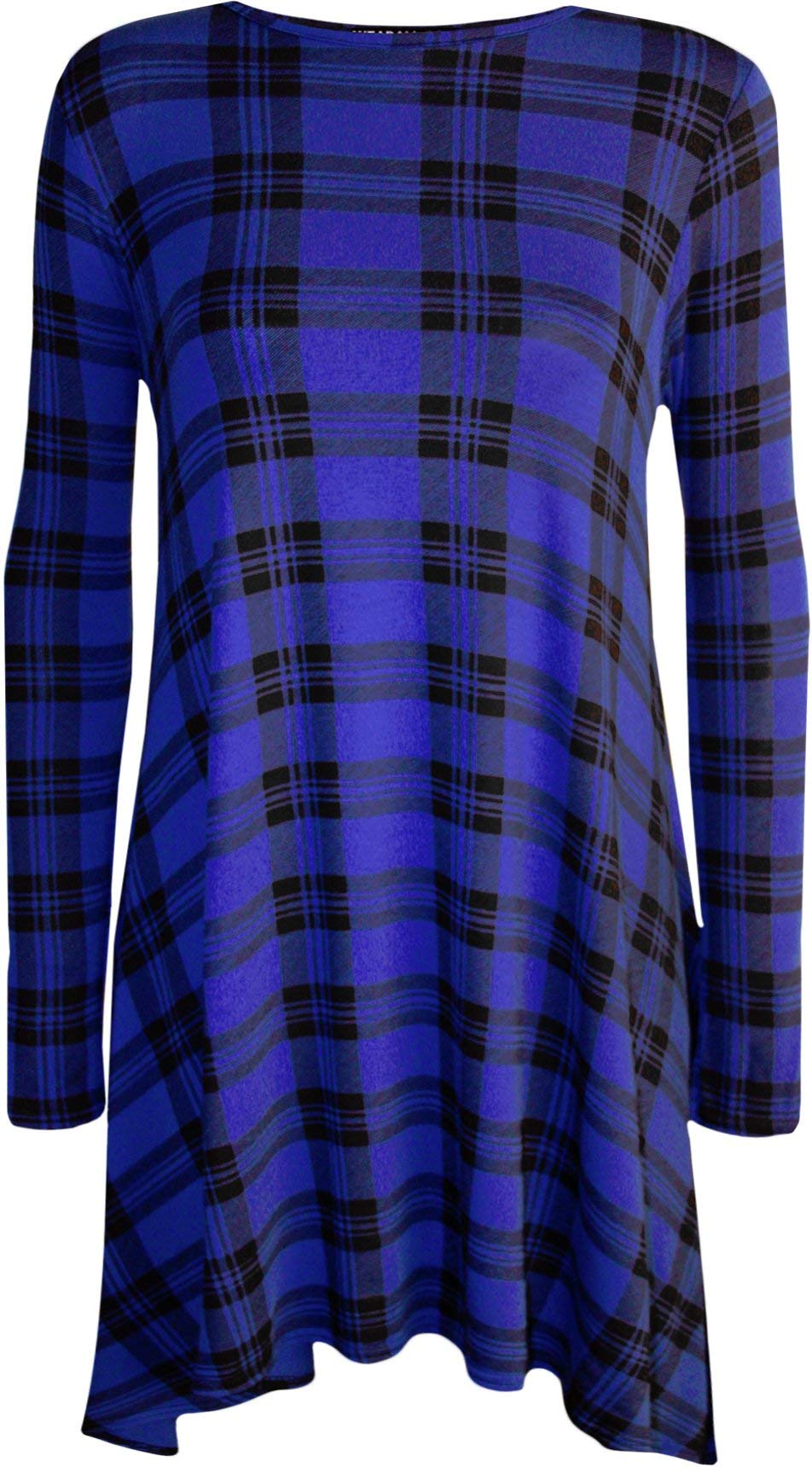 Wearall Women's Blue Tartan Plus Size Plain Long Sleeve Stretch Swing Dress Top - 24-26