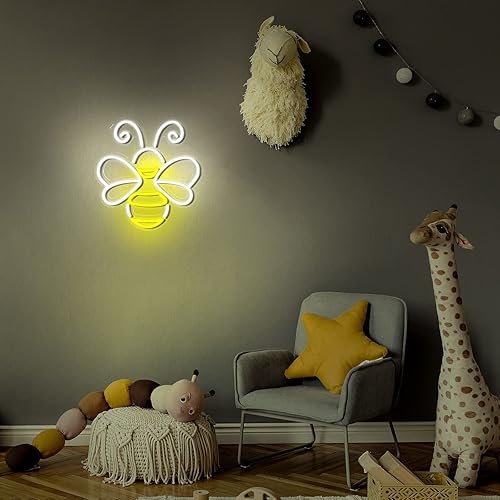 Miniatura 6 de Woanger Letrero de lámpara de neón de abeja, decoración de pared de abeja de miel, letrero de luz LED amarilla y blanca, lámparas de neón de