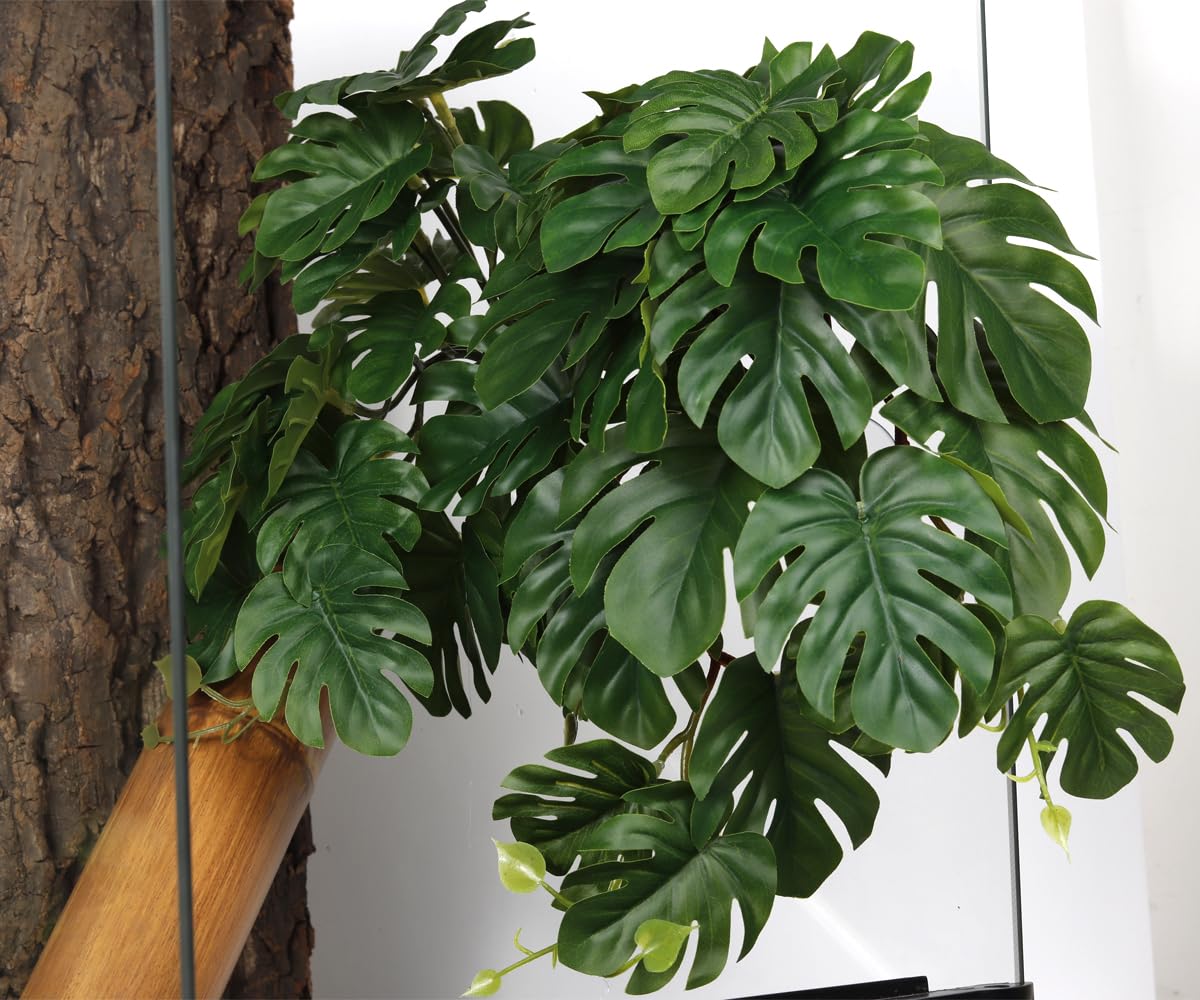 Paquete de 2 plantas falsas de reptiles para terrario, accesorios de tanque de serpiente, decoración de hábitat, plantas colgantes artificiales con ventosa, Monstera falsa