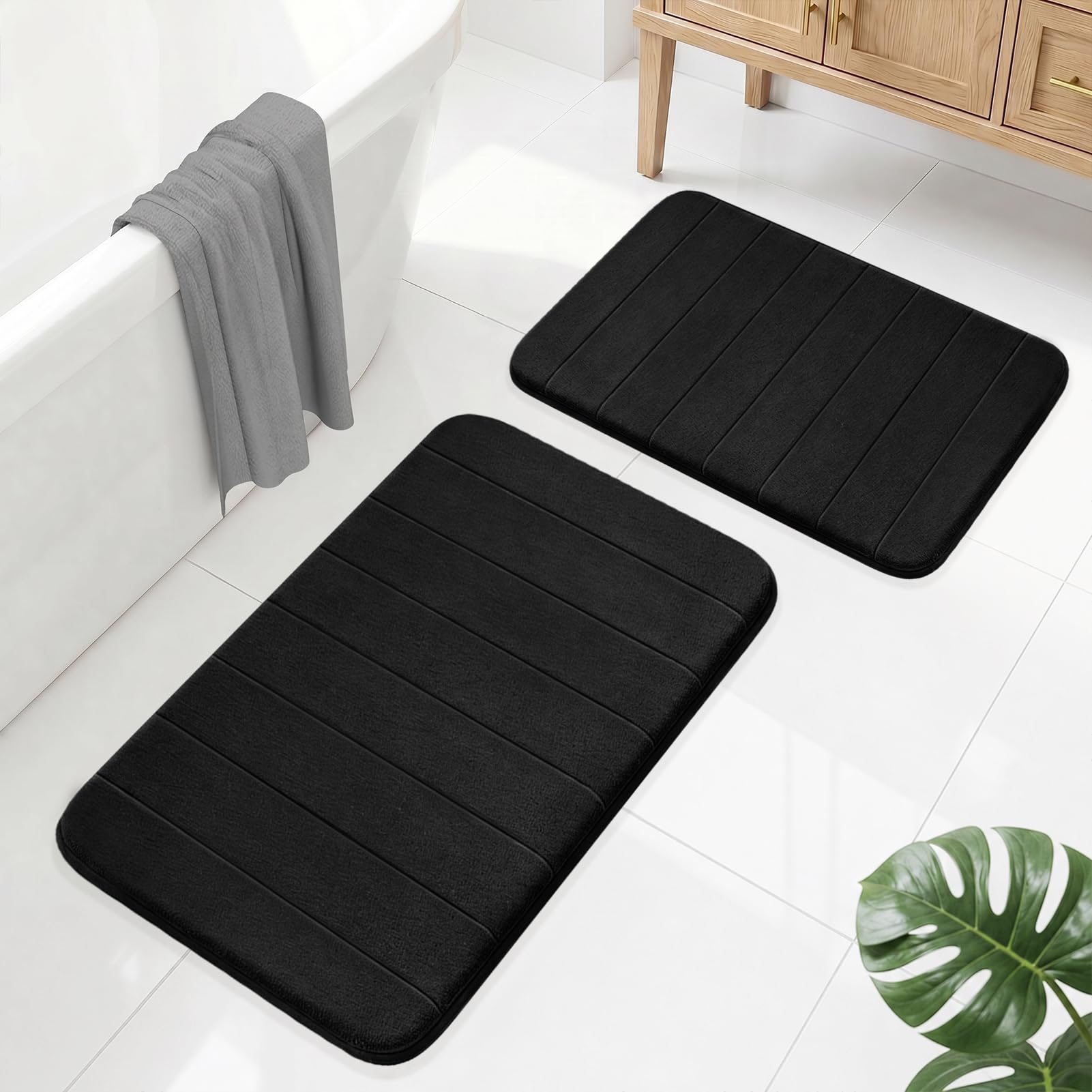LUSCHEER Bathroom Mat Sets 2 Piece, Memory Foam Bath Mat, Black