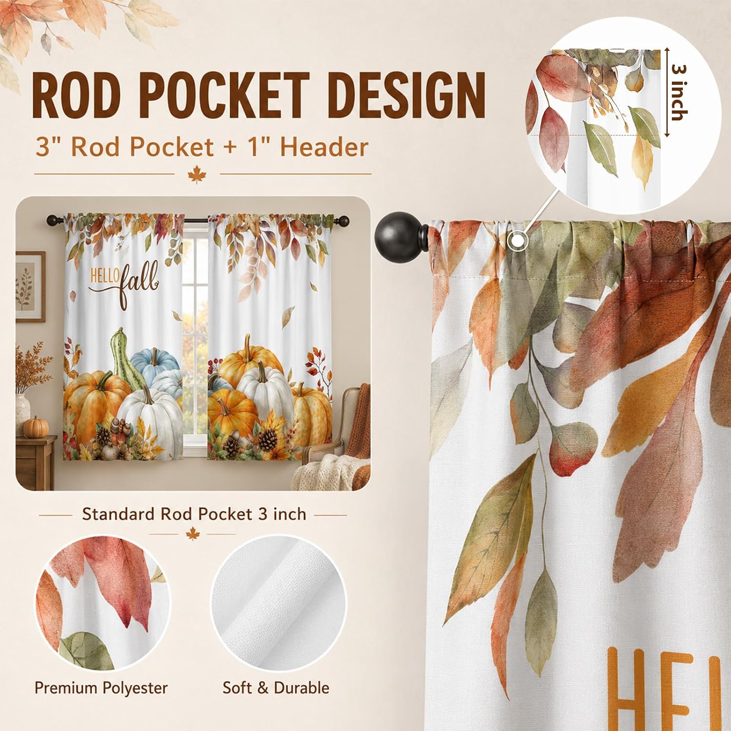 HunnmingRe 2 Pcs Fall Pumpkin Curtains