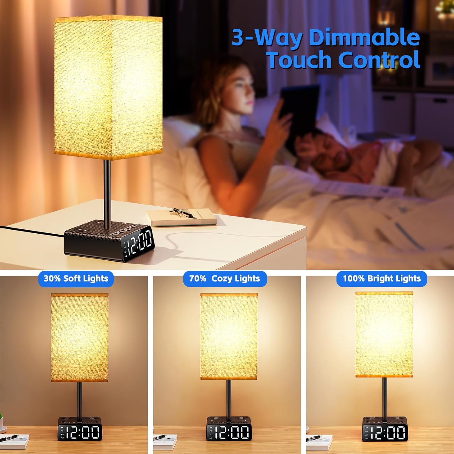 BTU Bedside Table lamp with Alarm Clock - 3 Color Temperatures Bedside Lamps with USB C and A Ports,Table Lamps with AC Outlet, Nightstand Lamps for Kids Room, Living Room, College Dorm, Home, Office