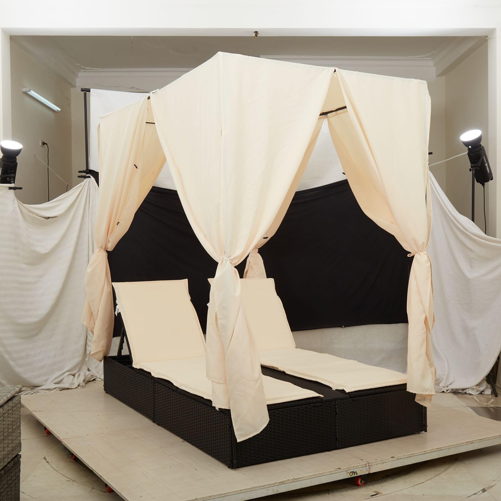 vidaXL Letto da giorno per esterni, baldacchino regolabile per 2 adulti, comodo letto in rattan, con tessuto impermeabile, ideale per patio e balconi, mobili eleganti per l'estate
