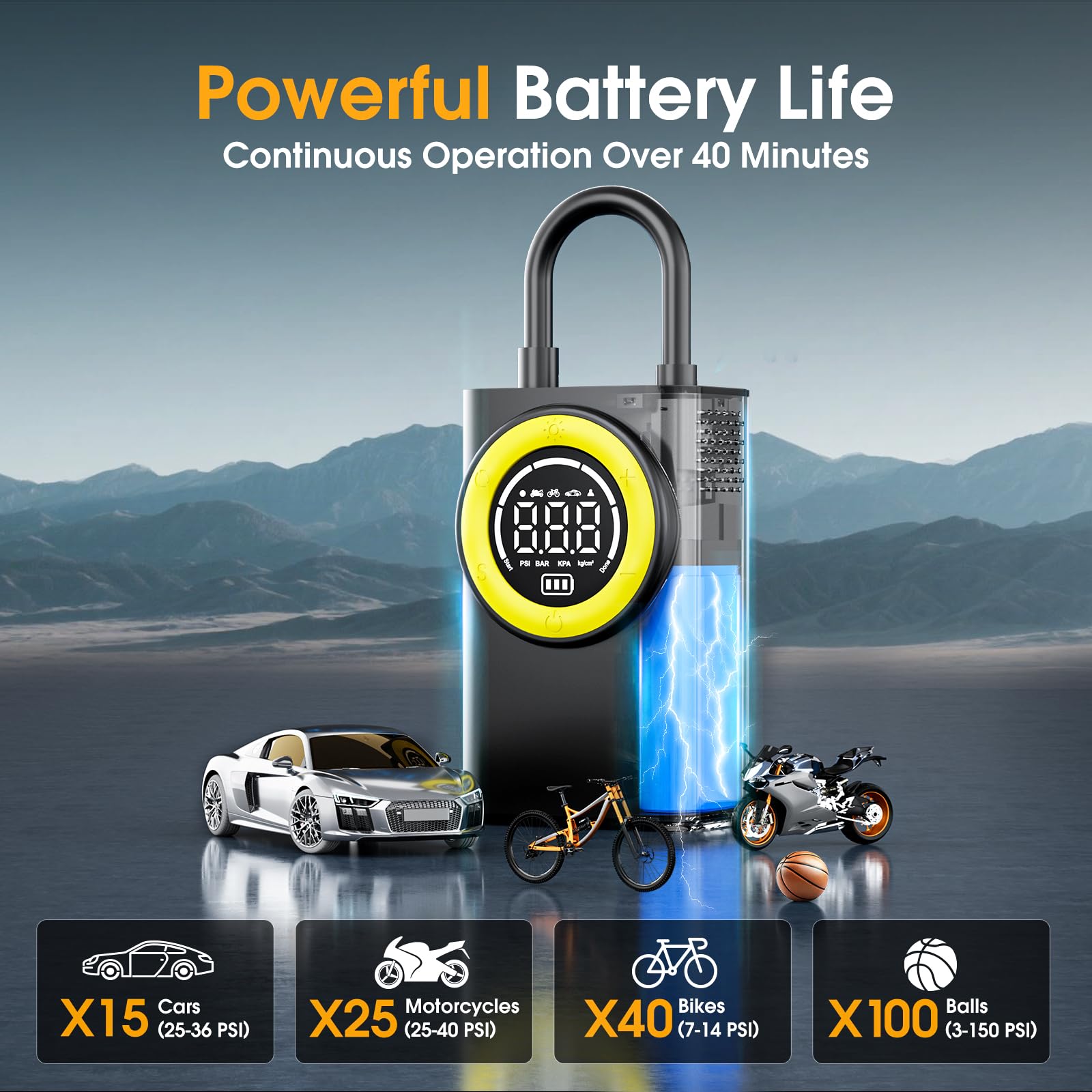 FLYKID Sprężarka powietrza do opon - pompa do opon samochodowych 150 PSI z 3 adapterami dysz i światłem awaryjnym LED do samochodów, rowerów i sprzętu sportowego, wstępnie ustawione ciśnienie w