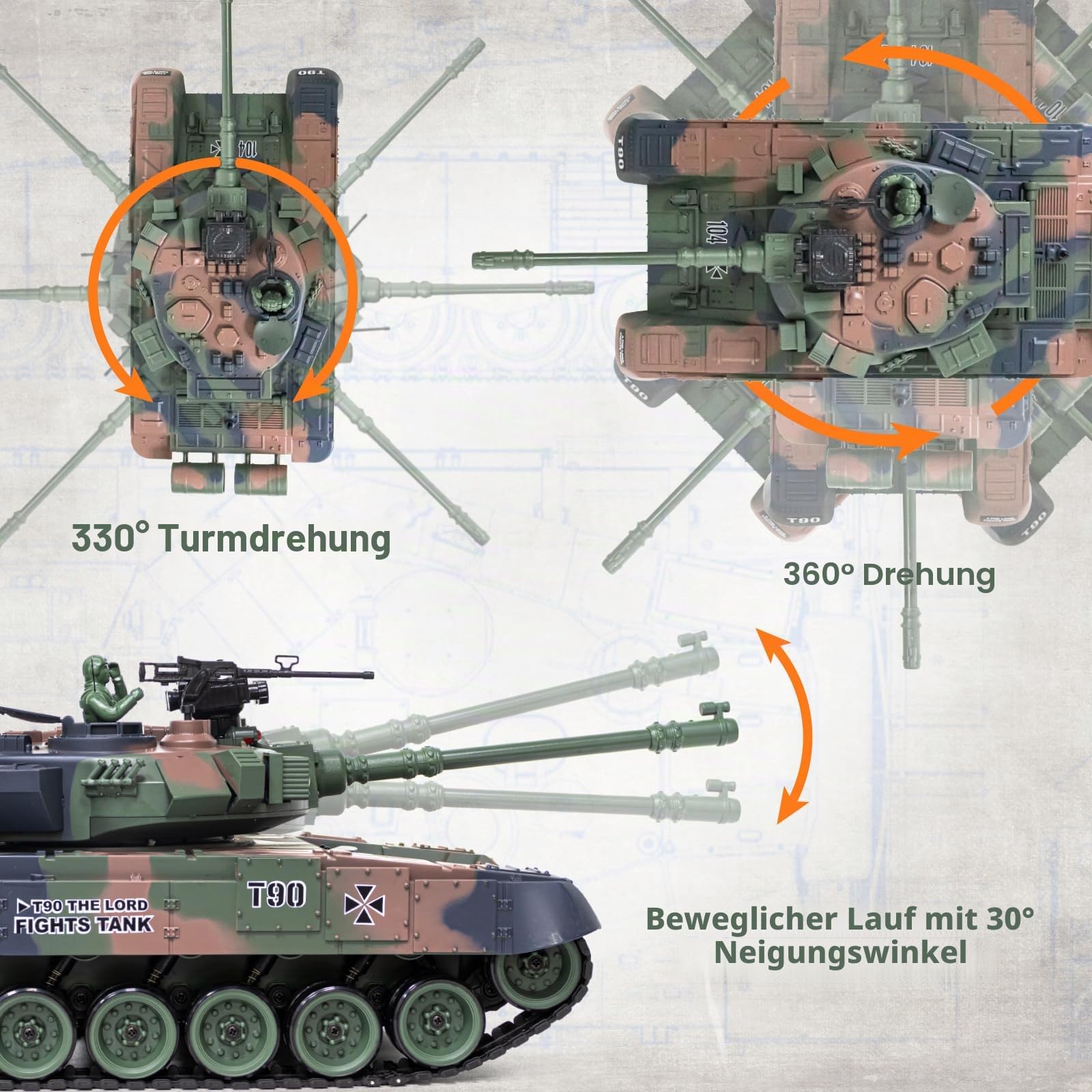 Supdex 1:18 RC Panzer T90, 2.4GHz Panzer Ferngesteuert mit Schussfunktion, WW2 Militär, Ferngesteuertes Militärfahrzeug mit Metallketten, Rauch, Licht, Sound, Armee Spielzeug für Kinder Erwachsene