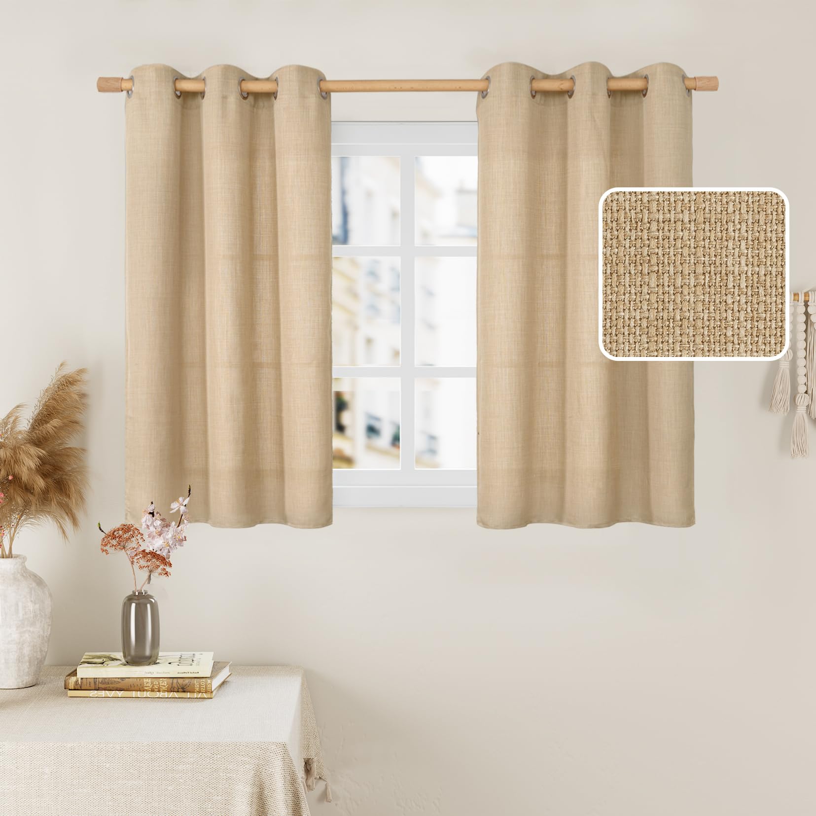LAMIT Natural Linen Curtains 40 inch Length for Kitchen Windows 2 Panels