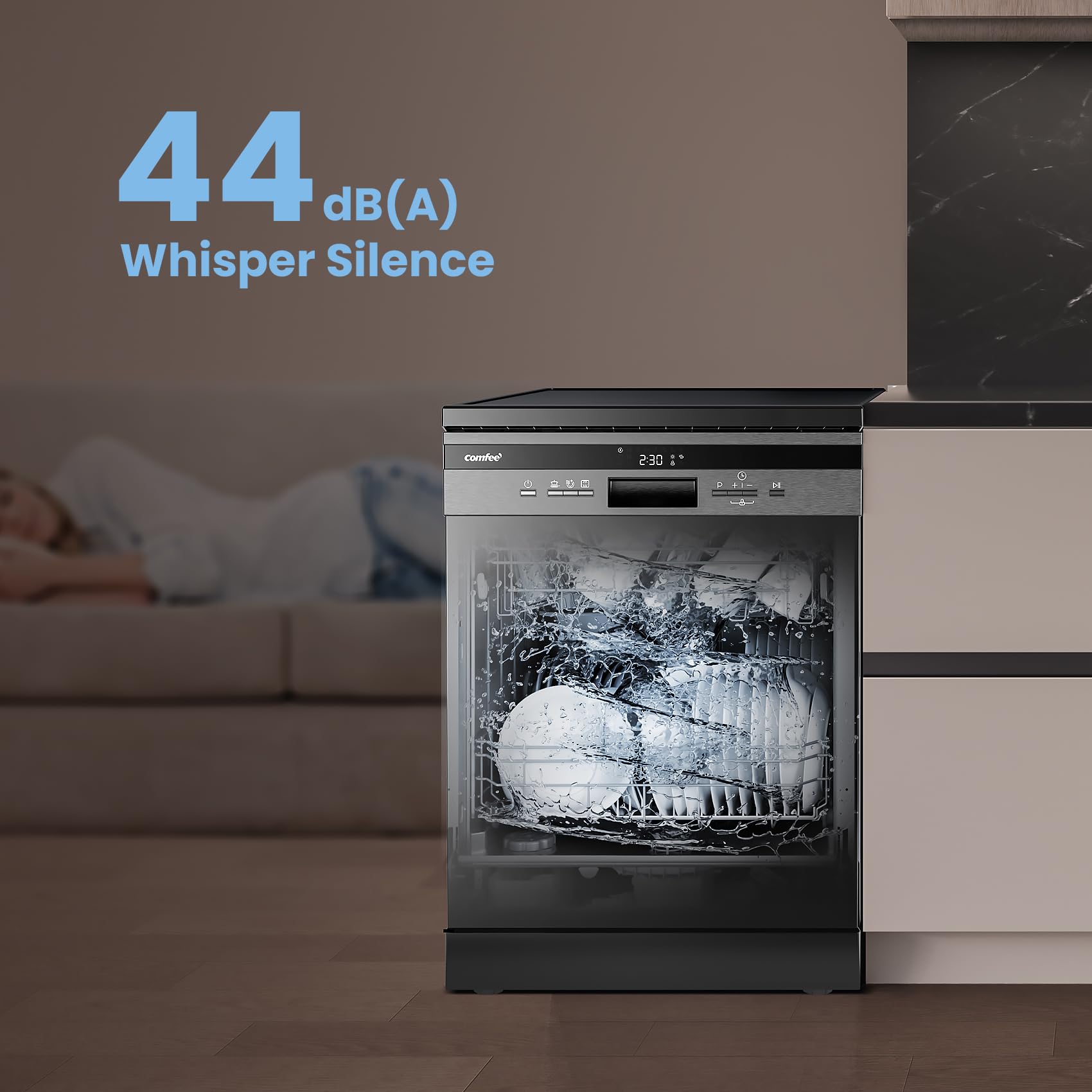 COMFEE' Freestanding Dishwasher with 14 Place Settings, 44dB Quiet Full Size Dishwashers, CDWEF1435EBC-UK, ECO Wash, Auto Open Drying, Half Load, Delay Start, Wide LED Display, Black — view 5