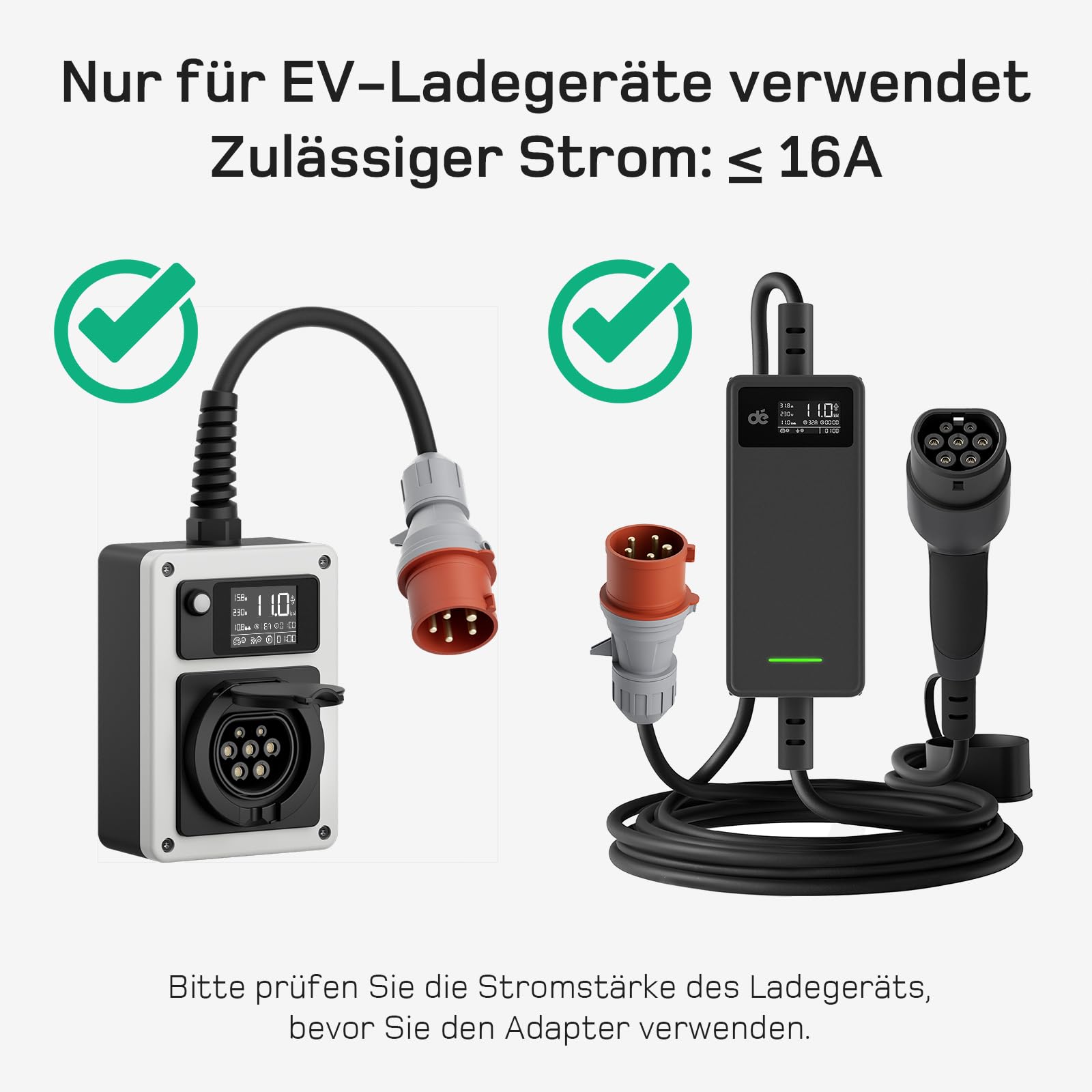dé Adapterset CEE 16A 5-Poliger für Mobile Wallbox/EV Ladegerät/Ladestation an CEE Rot 32A/ CEE Blau 16A/ 230V Haushaltssteckdose mit 0,5m Gummikabel H07RN-F 3G2.5mm² IP44 Außeneinsatz